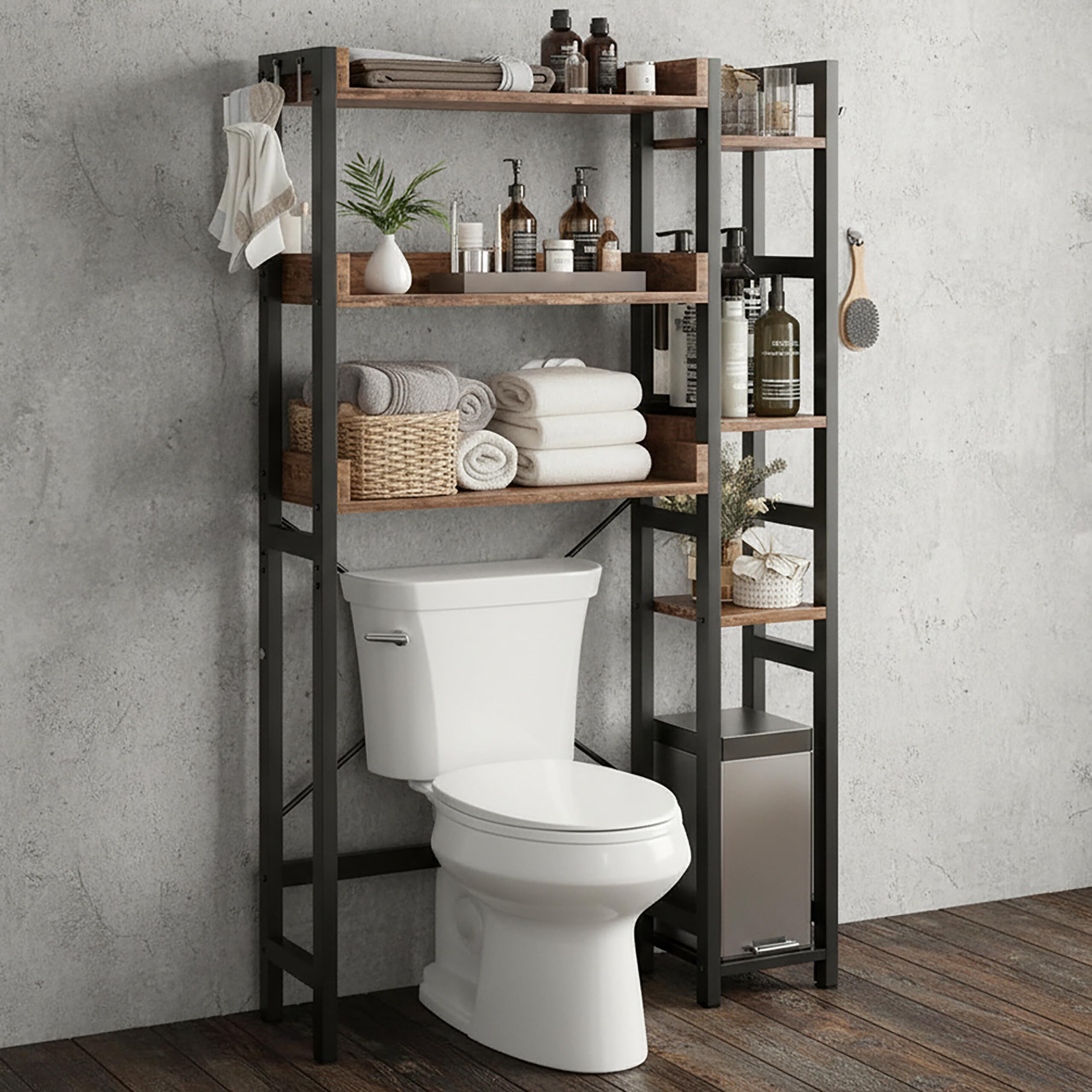 Relaxdays estantería sobre Inodoro, 3 Niveles, Mueble para baño sobre WC, 161x80x24 cm, Metal/MDF, Negro/marrón