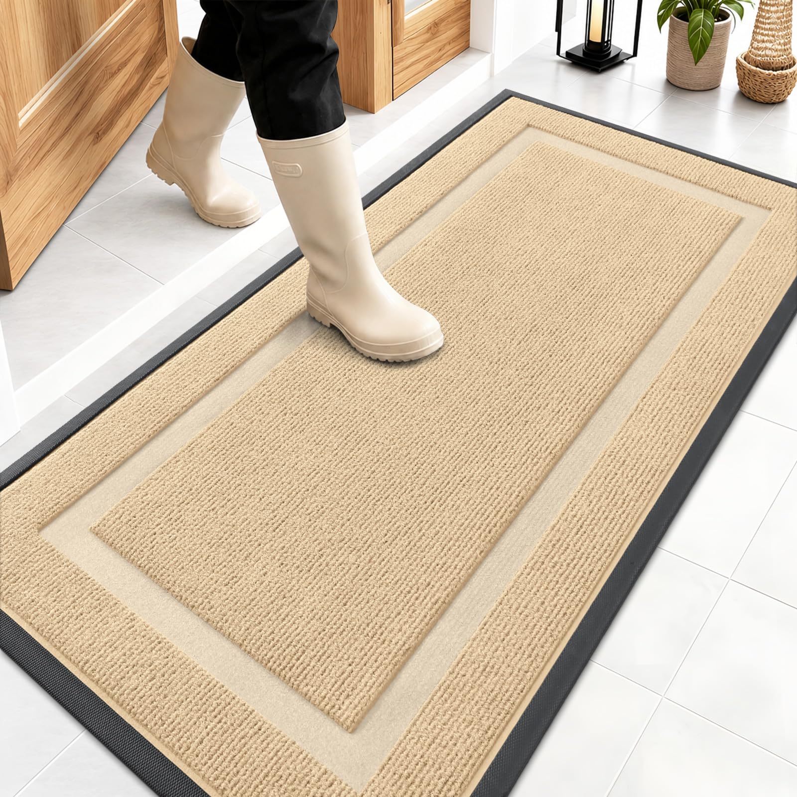 OLANLY Front Door Mat Outside 47x23, All-Season Heavy-Duty Rubber Doormat | Beige, Absorbent, Stain and Fade Resistant, Waterproof Non-Slip Backing, Low-Profile Indoor Outdoor Floor Mat for Entryway