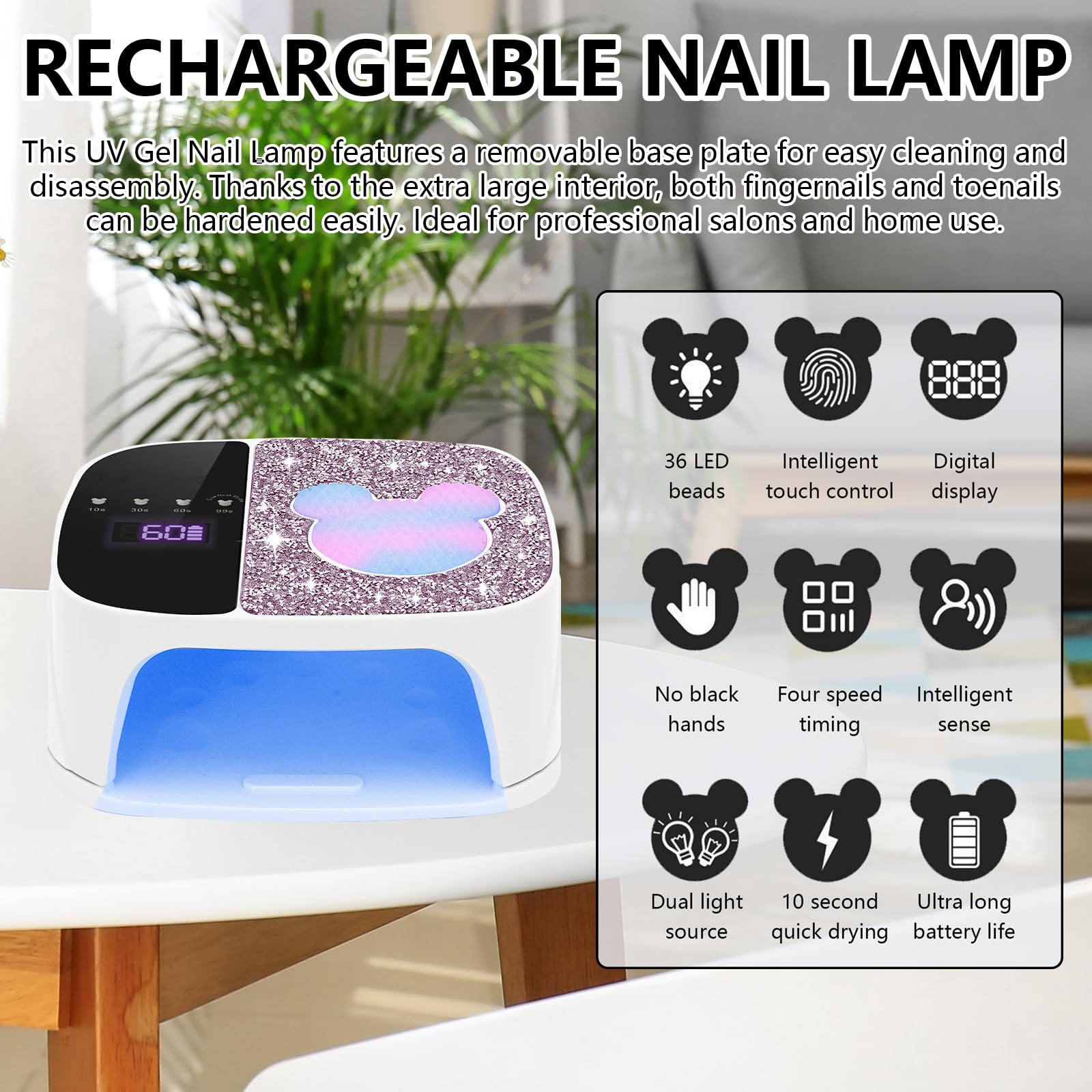 Lampara Uñas, Lampara UV LED Uñas con 36 Perlas de Lámpara Dispositivo de Fototerapia de Uñas con Diamantes de Imitación y Sensor Infrarrojo Lampara de Uñas con Base Extraíble para Casa y Salón