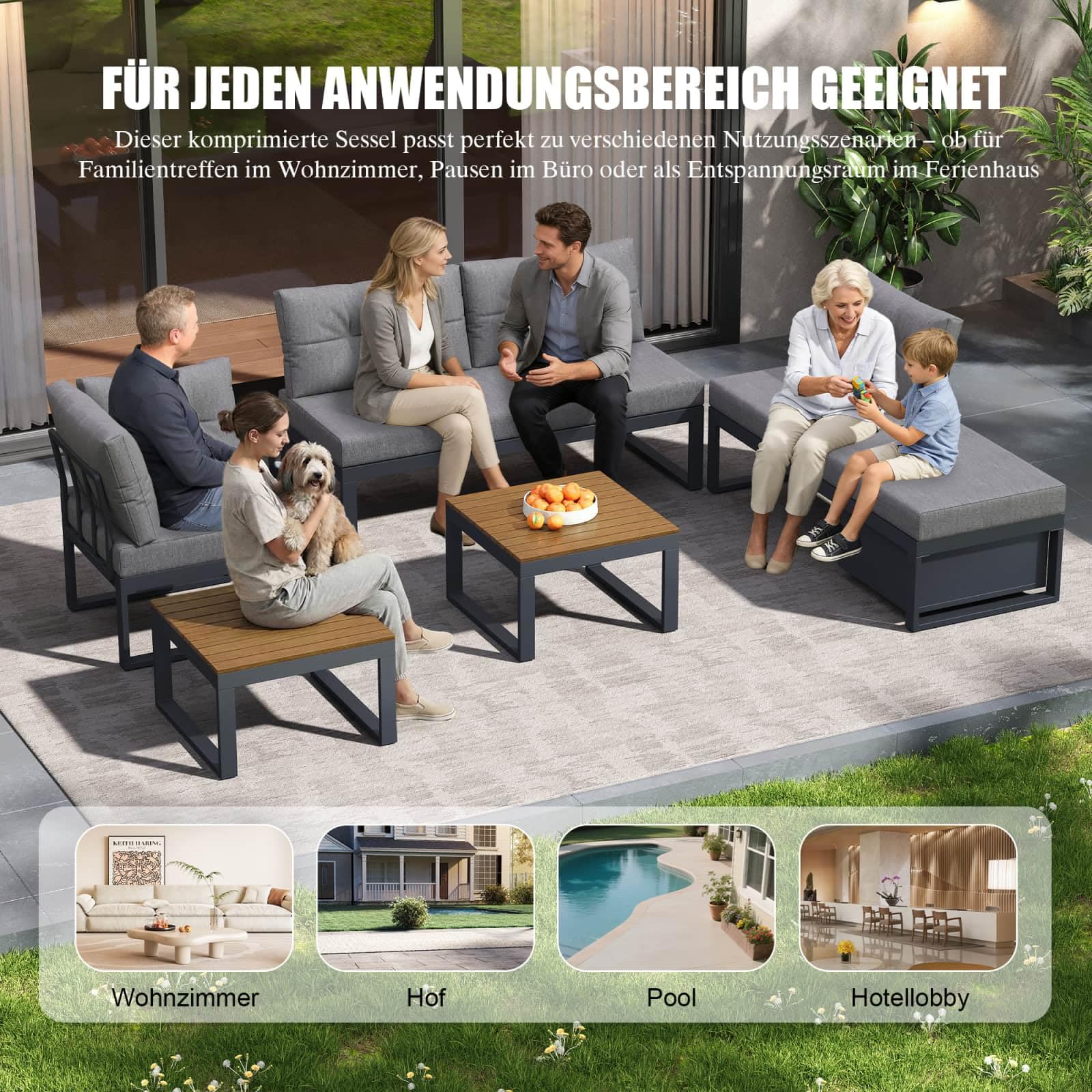 KOMHTOM Ensemble Salon de Jardin Extérieur Modulable – Canapé d'angle avec Tables Basses, Dossier Inclinable pour Terrasse, Balcon et Patio (Gris-B)
