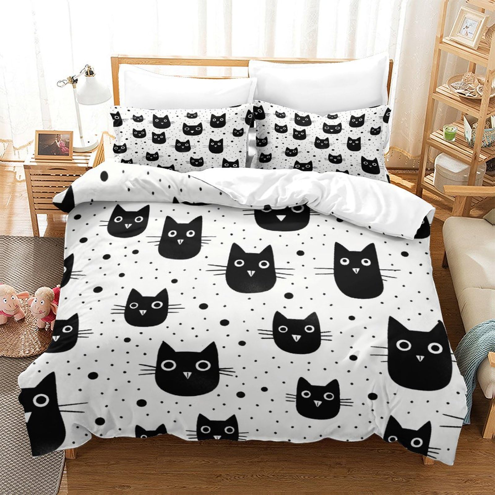 P1S9U7W5Y 3D Printed Black Cat Design Duvet Cover Set 3pcs Microfiber Feline Bedding Set King