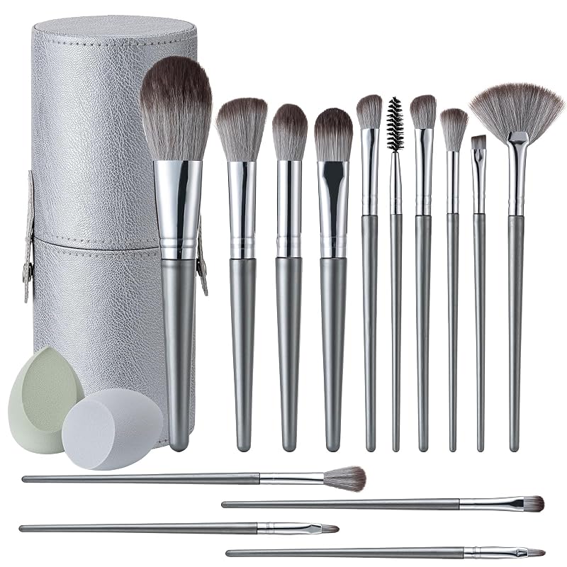 Kit de Pincéis de Maquiagem Amrules com 14 Peças e Estojo de PU Cinza