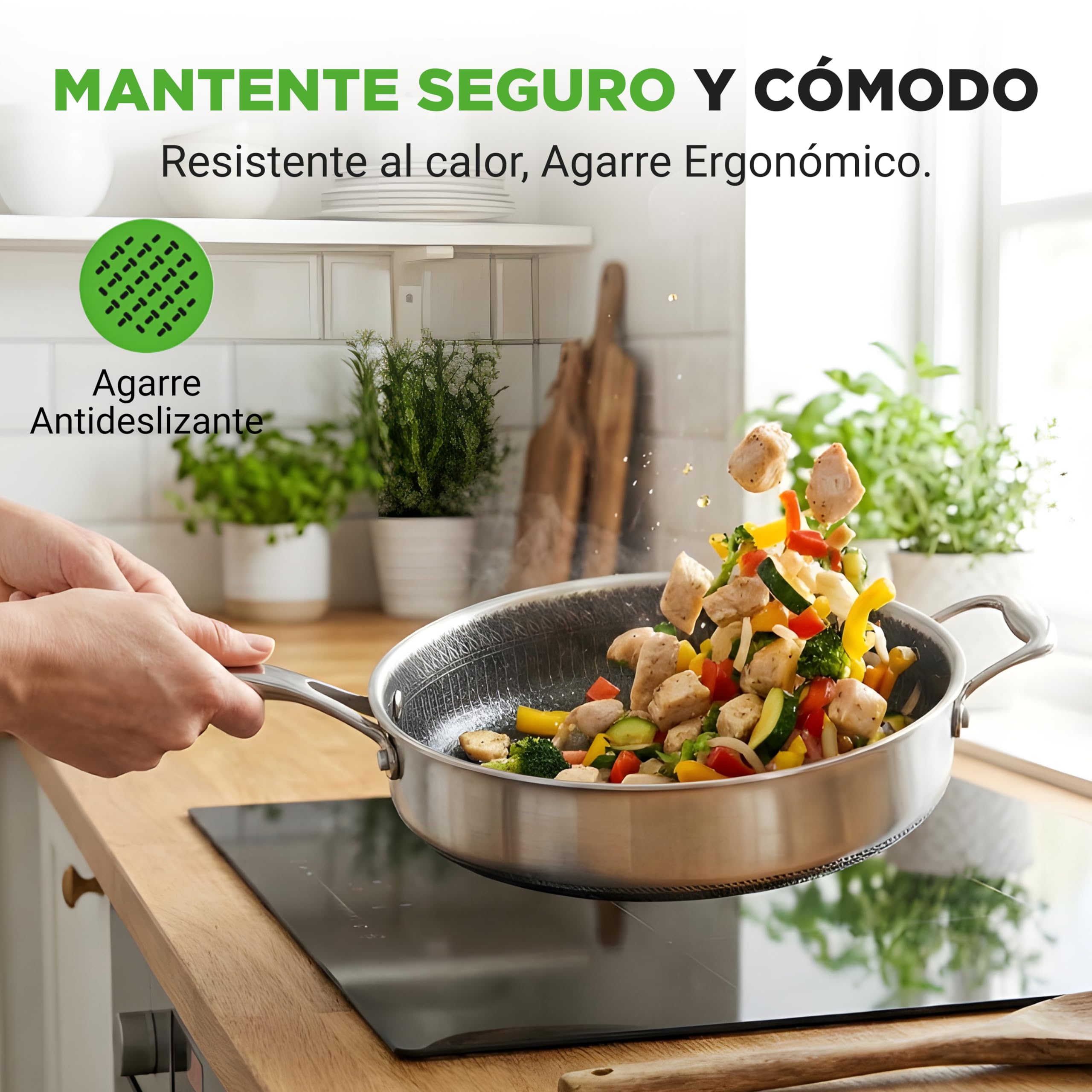 Nutrichef cazuela profunda de 3.2L, Con tapa, Acero inoxidable, Para saltear, Textura tipo panal resistente a rayones, Apta para horno e induccion, Antiadherente