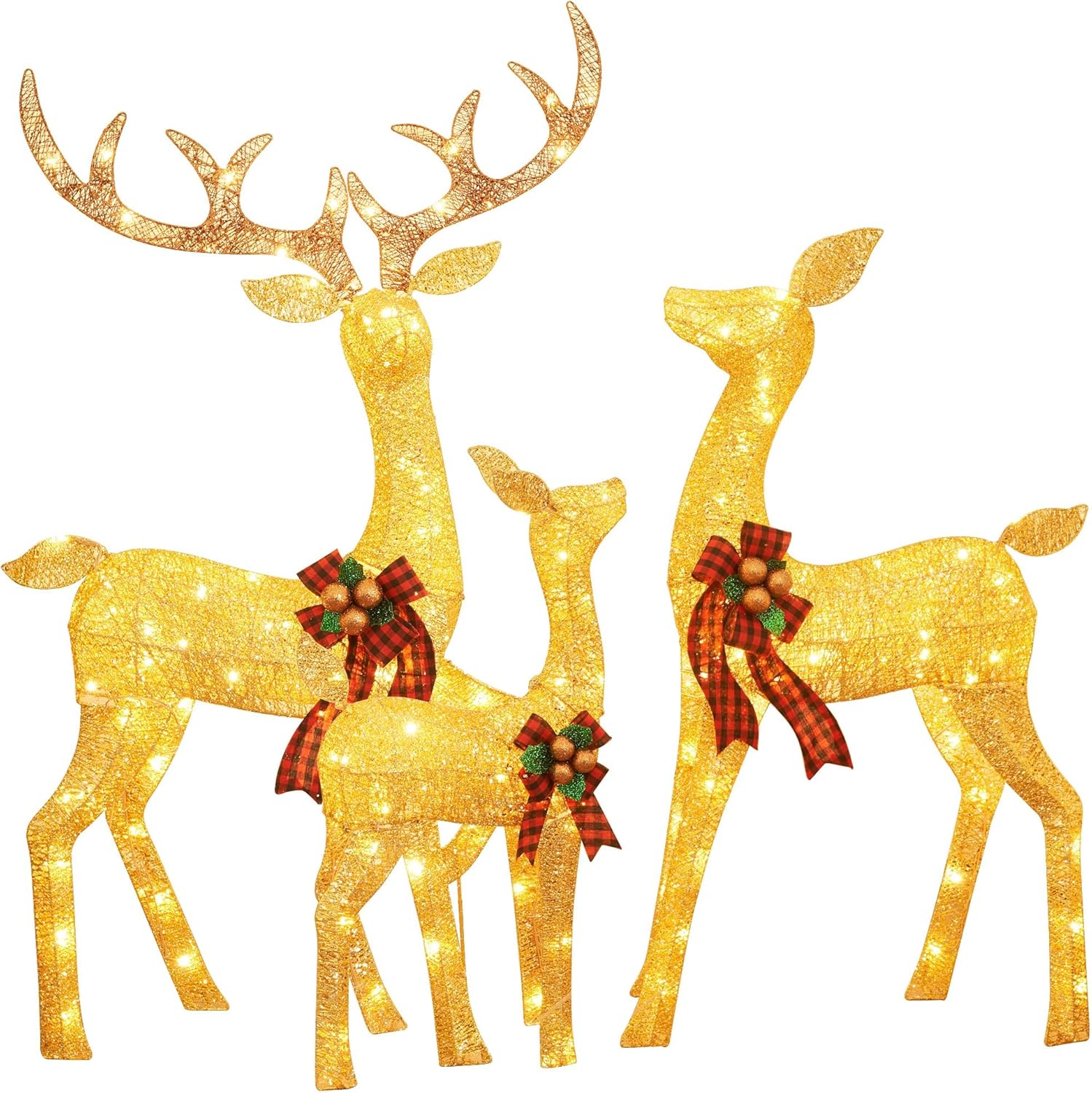 FOOWIN 3-Piece Large Lighted Christmas Deer Family Set, 3D Reindeer Outdoor Christmas Decoration with 210 LED Lights, Red Bows,Stakes, for Yard Patio Lawn Garden Party