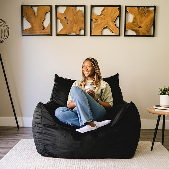 Big Joe Imperial Lounger Foam Filled Bean Bag Armchair with Removable Cover, Black Plush, Soft Polyester, 4 feet Big
