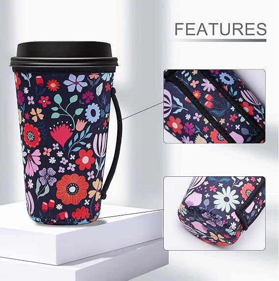 再利用可能なアイスコーヒースリーブ 断熱コーヒースリーブ 16~32オンスのホット/コールドコーヒー、アイスドリンク用 Starbucks Dunkinコーヒーカップなどに対応 ラブリーフラワー