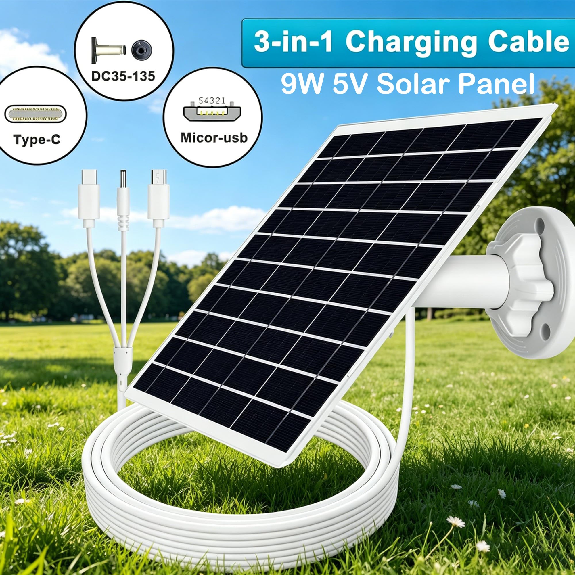 Panneau solaire 9W/5V pour caméra de sécurité avec câble de charge 3 en 1 de 3m (micro USB,connecteurs Type-C et DC3,5x1,35),étanchéité IP66,compatible avec les caméras à batterie faible