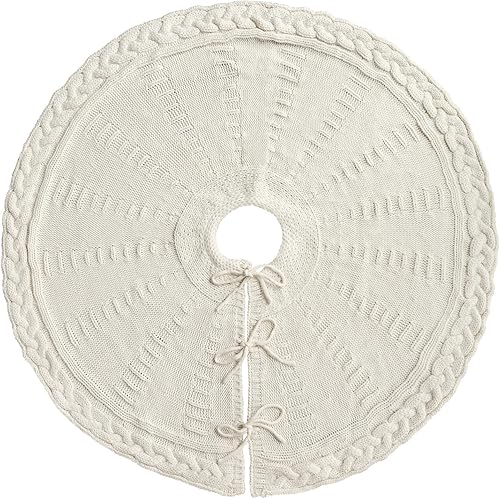 Miniatura 6 de LimBridge Faldón de árbol de Navidad de punto 36 pulgadas de falda de árbol blanco crema, trenzado trenzado trenzado grueso rústico árbol de