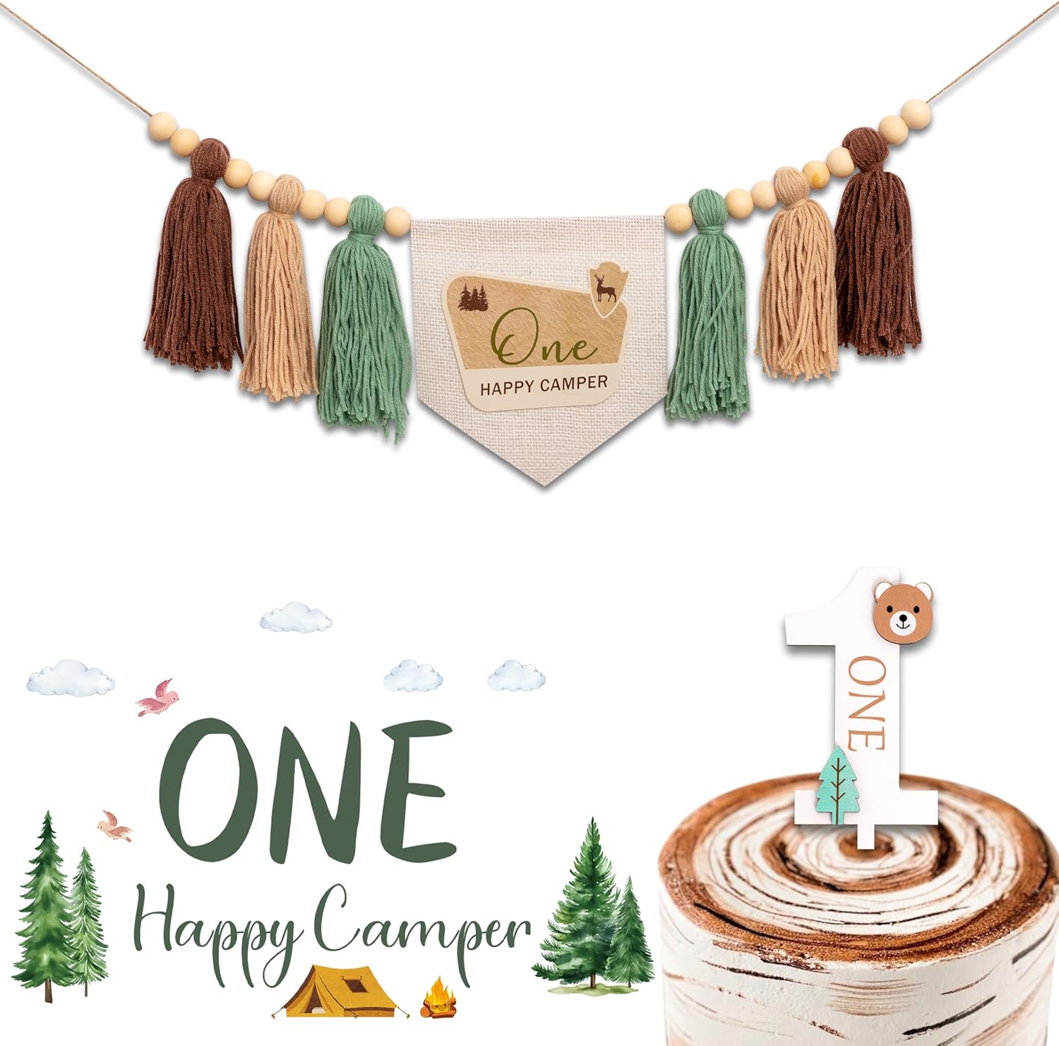 One Happy Camper High Chair Banner, Wall Decal, Cake Topper, Camper First Birthday Party Decoration Supplies