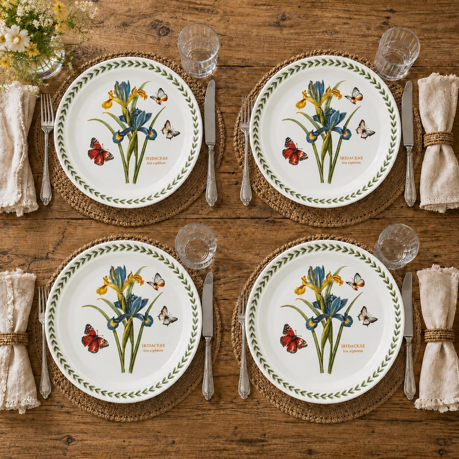 10 Inch Ceramic Plates Set of 4, Round Appetizer Dessert Salad Small Dinner Serving Plates, Microwave & Dishwasher Safe, Iris and Sunflower Floral Design (iris)