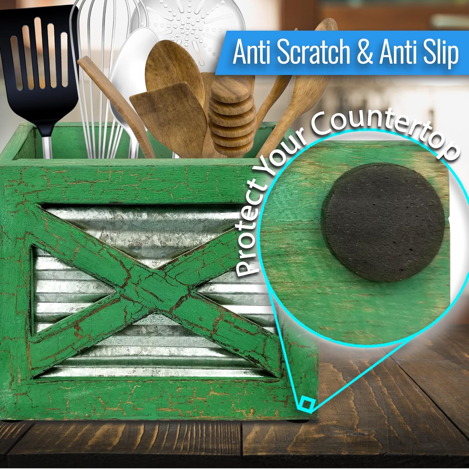Rustic Utensill Holder Wooden Kitchen Farmhouse Utensil Holder For Countertop Green