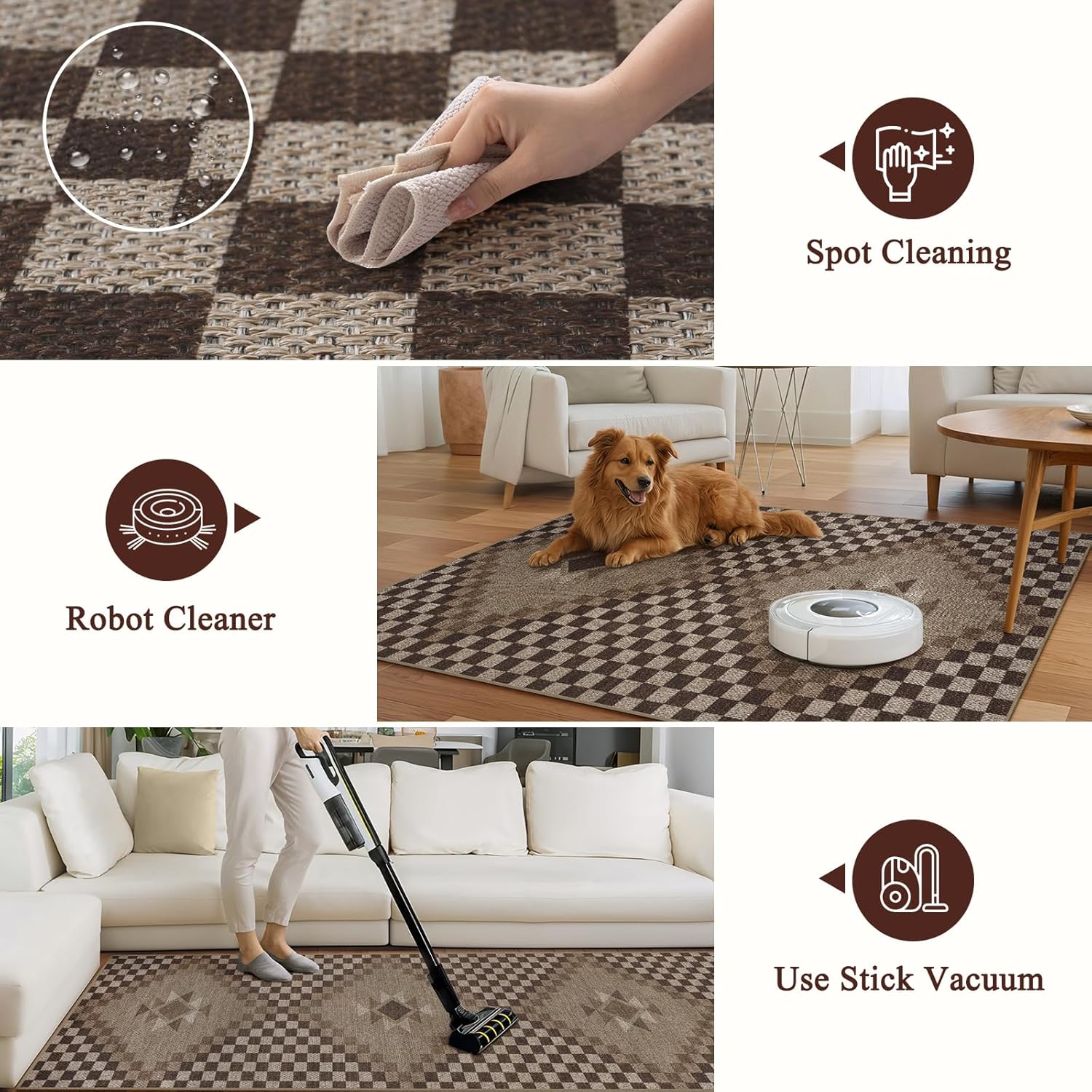 LIVEBOX Easy Jute 2x8 Runner Rug, Non Slip Washable Rug Runners for Hallways, Brown Checkered Long Runner Rugs for Kitchen, Farmhouse Machine Washable Runner Rugs for Laundry Room Bedroom