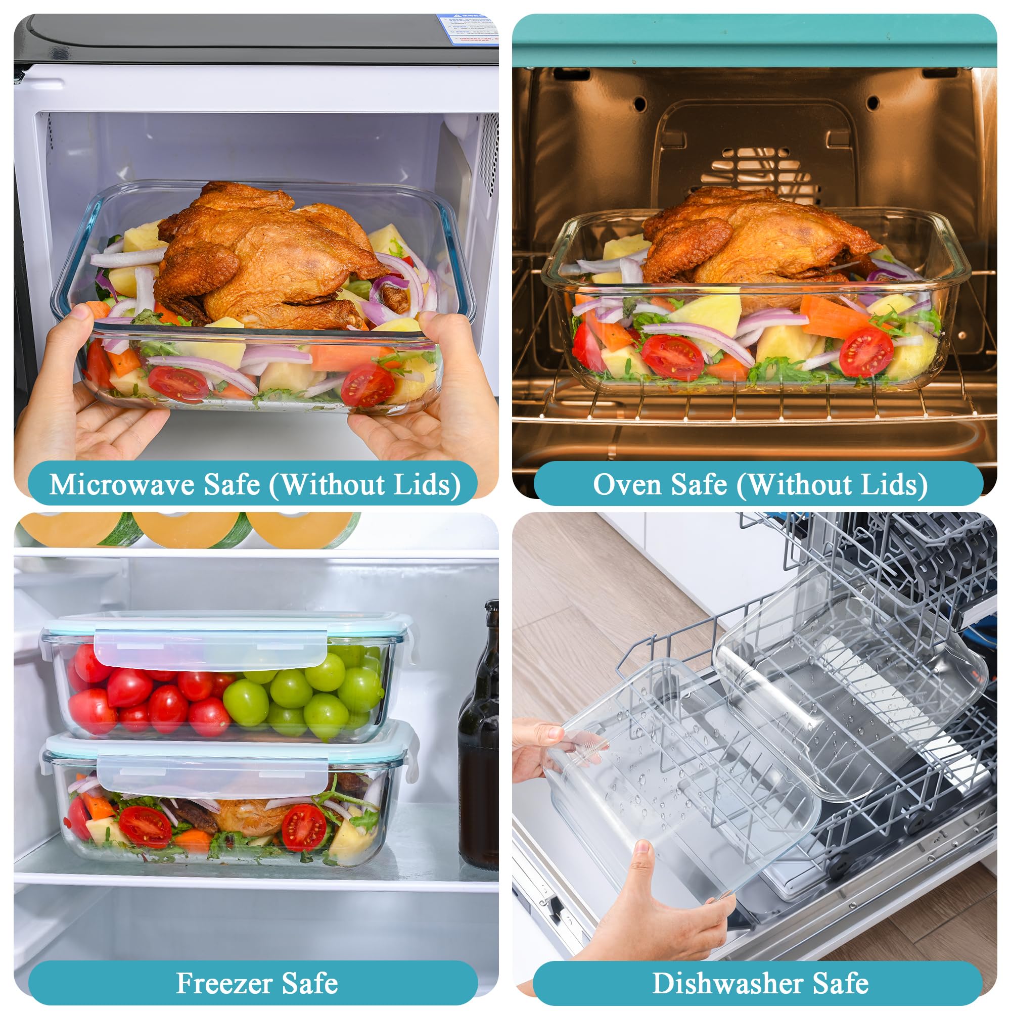 GEHE Recipientes grandes de vidrio para almacenamiento de alimentos de 9.8 tazas/78 onzas con tapas, juego de 2 recipientes de vidrio para preparación de comidas con tapas herméticas, almacenamiento