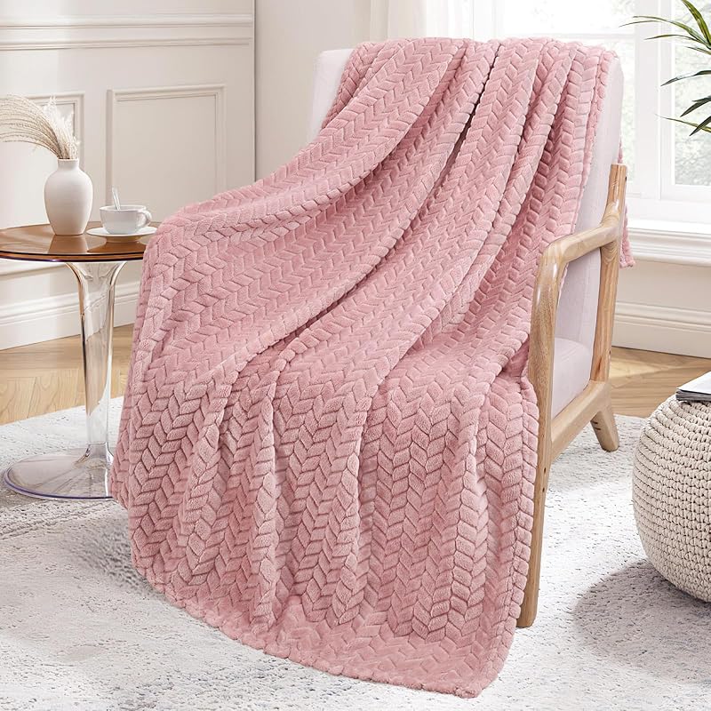 Exclusivo Mezcla Fleece Pink Throw Blanket for Couch Sofa Bed, 50”x70” | Oversized Soft Cozy Fluffy Blankets for Summer, Decorative Plush Flannel Throws for Living Room, Bedroom with Leaves Pattern