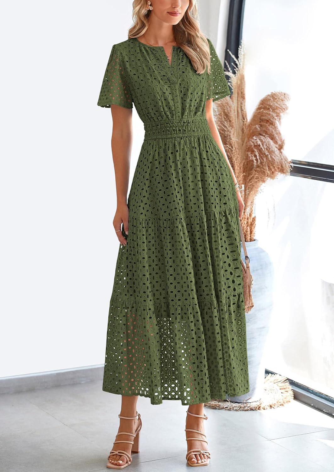 PRETTYGARDEN Womens 2026 Summer Maxi Dress Short Sleeve V Neck Hollow Out Eyelet A Line Long Flowy Beach Vacation Dresses - Image 4