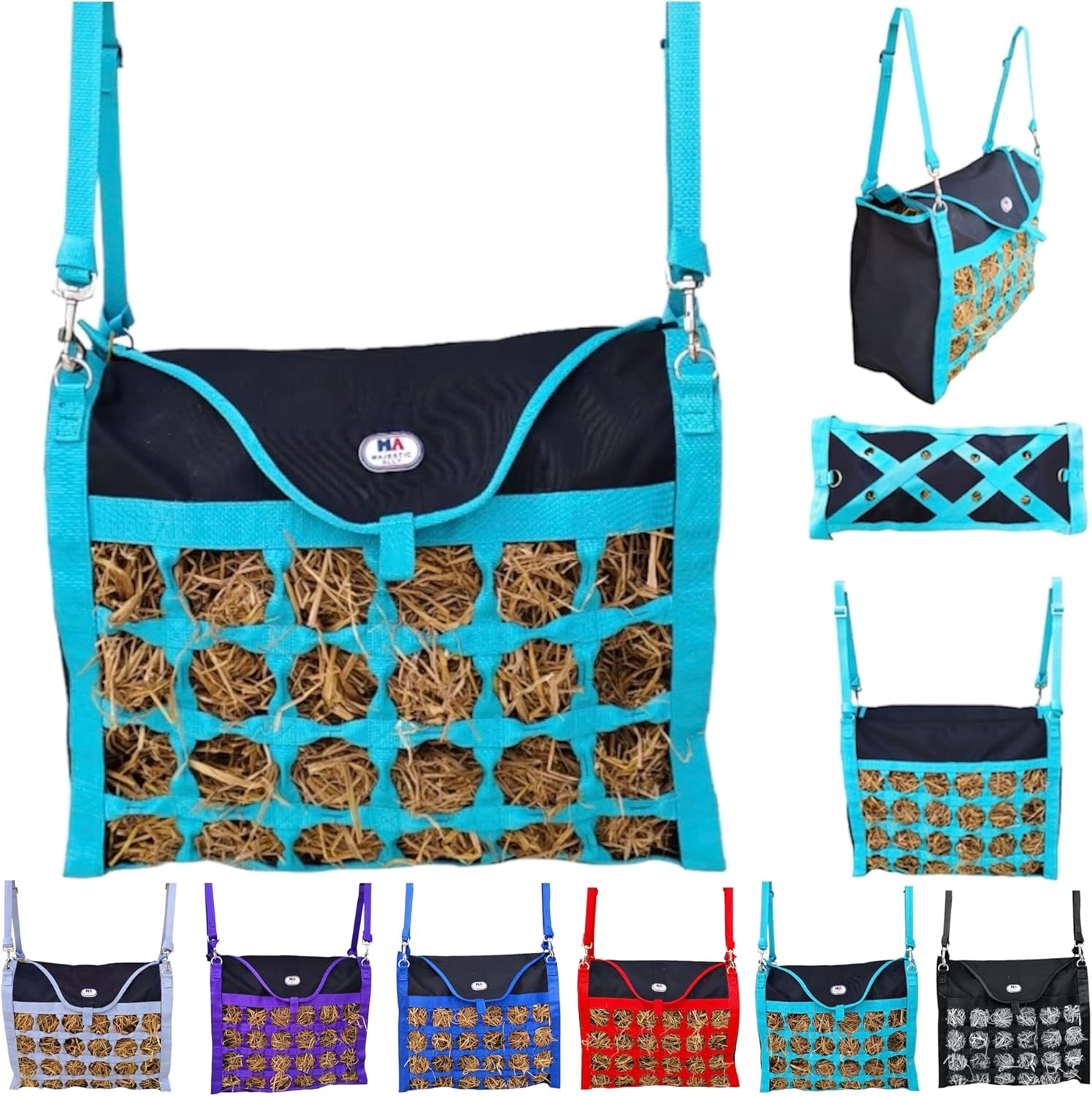 Majestic Ally Animal Health Hay Bag for Horses, 2.5" Holes, Top Load, Travel Feeder, Reduces Waste, 1 Year Warranty, Multiple Colors (Turquoise-Black)