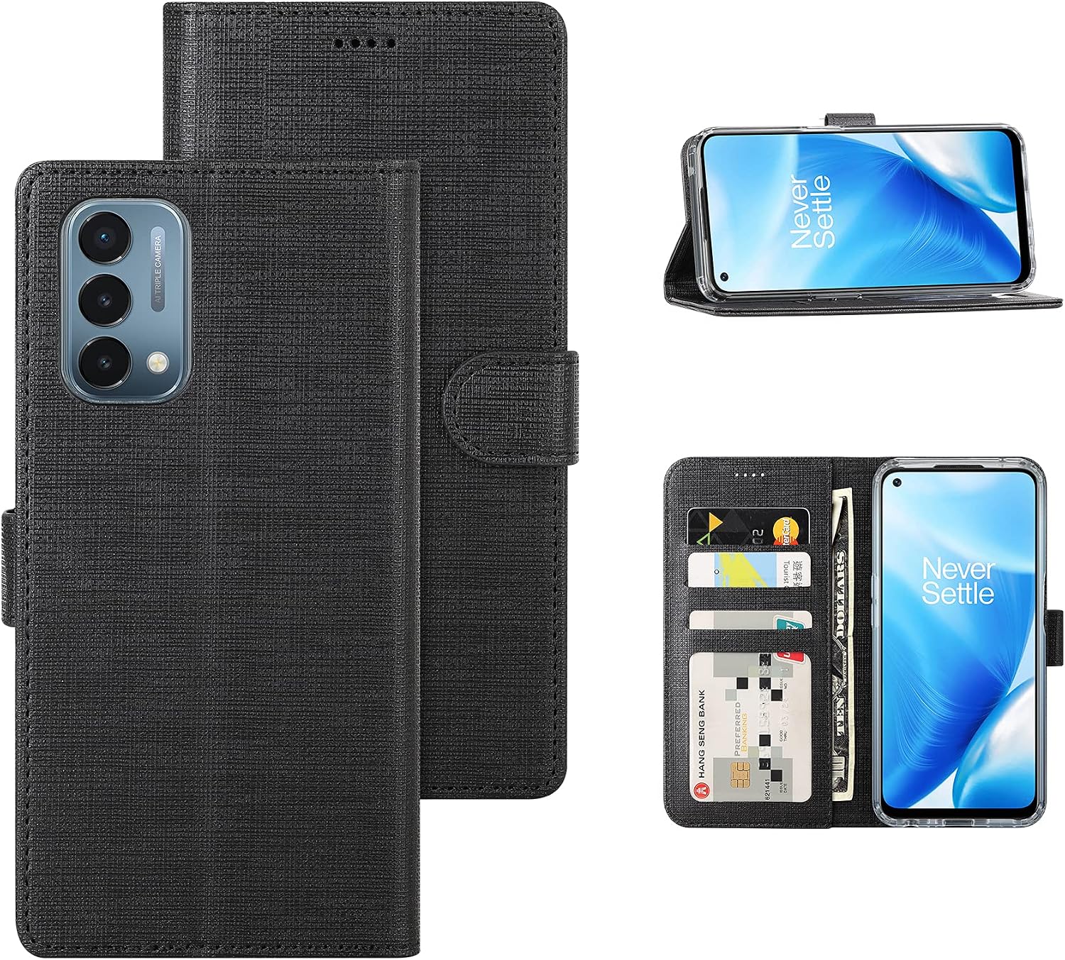 Foluu OnePlus Nord N200 5G Case, OnePlus Nord N200 5G Wallet Case Canvas Flip/Folio Soft TPU Cover Bumper Kickstand Ultra Slim Strong Magnetic Closure Cover for OnePlus Nord N200 5G 2021 (Black)