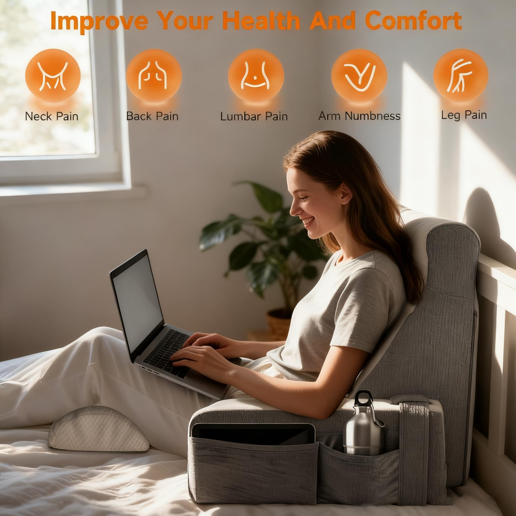 Groß Lesekissen mit Abnehmbarer Nackenrolle & Armlehne, Rückenkissen Bett, Ergonomisches Rückenkissen Rückenlehne Kopfkissen mit Arm & Tasche & waschbarem Bezug für Lesekissen zum Lesen, Fernsehen