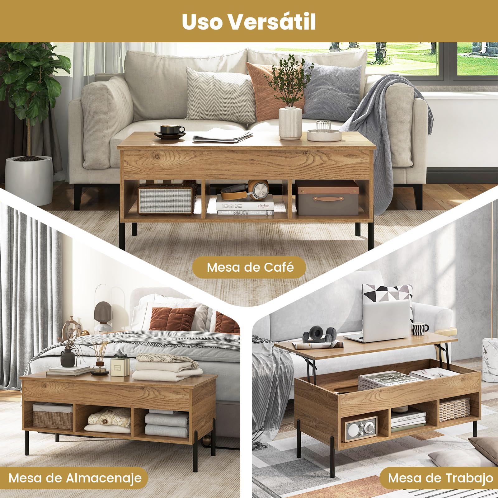 GIANTEX Mesa de Centro con Tablero Elevable y Patas de Metal, Mesa de Café con Compartimento de Almacenamiento Oculto y 3 Cubos Abiertos, Mesita Multifuncional para Salón, Oficina (Natural)