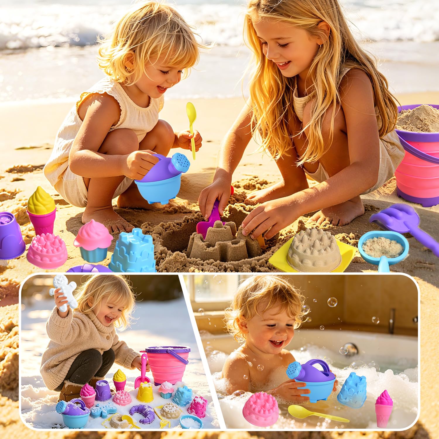 Sandspielzeug EIS Mädchen Junge,Sandkasten Spielzeug Kinder mit Faltbarer Eimer,Sandschaufel,Sandförmchen,Outdoor Spielzeug für Strand und Sandkasten fur Kleinkind Mädchen Junge 3–10 Jahren