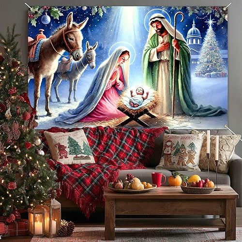 Miniatura 2 de Fondo de Belén de 71 x 43 pulgadas, pancarta religiosa de Navidad con escena de pesebre de noche santa para iglesia, interior y exterior, escena de