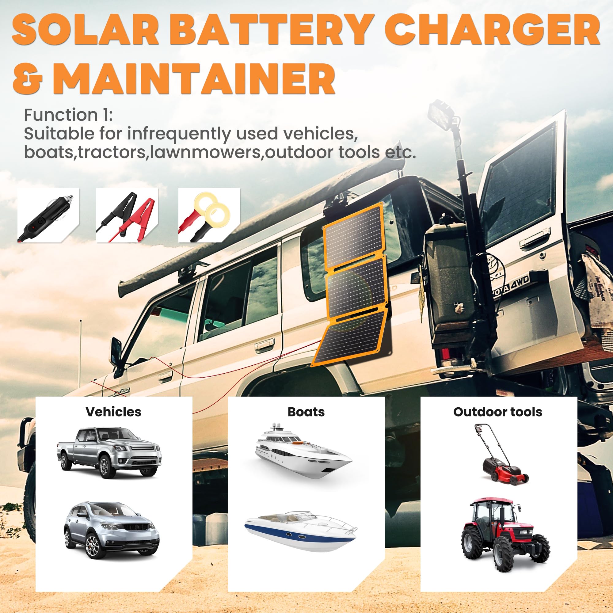 FieryRed Caricatore e manutenzione per pannello solare da 12 V, caricabatterie e mantenitore portatile impermeabile per auto, camion, camper, con spina per accendisigari e clip a coccodrillo (30 W)