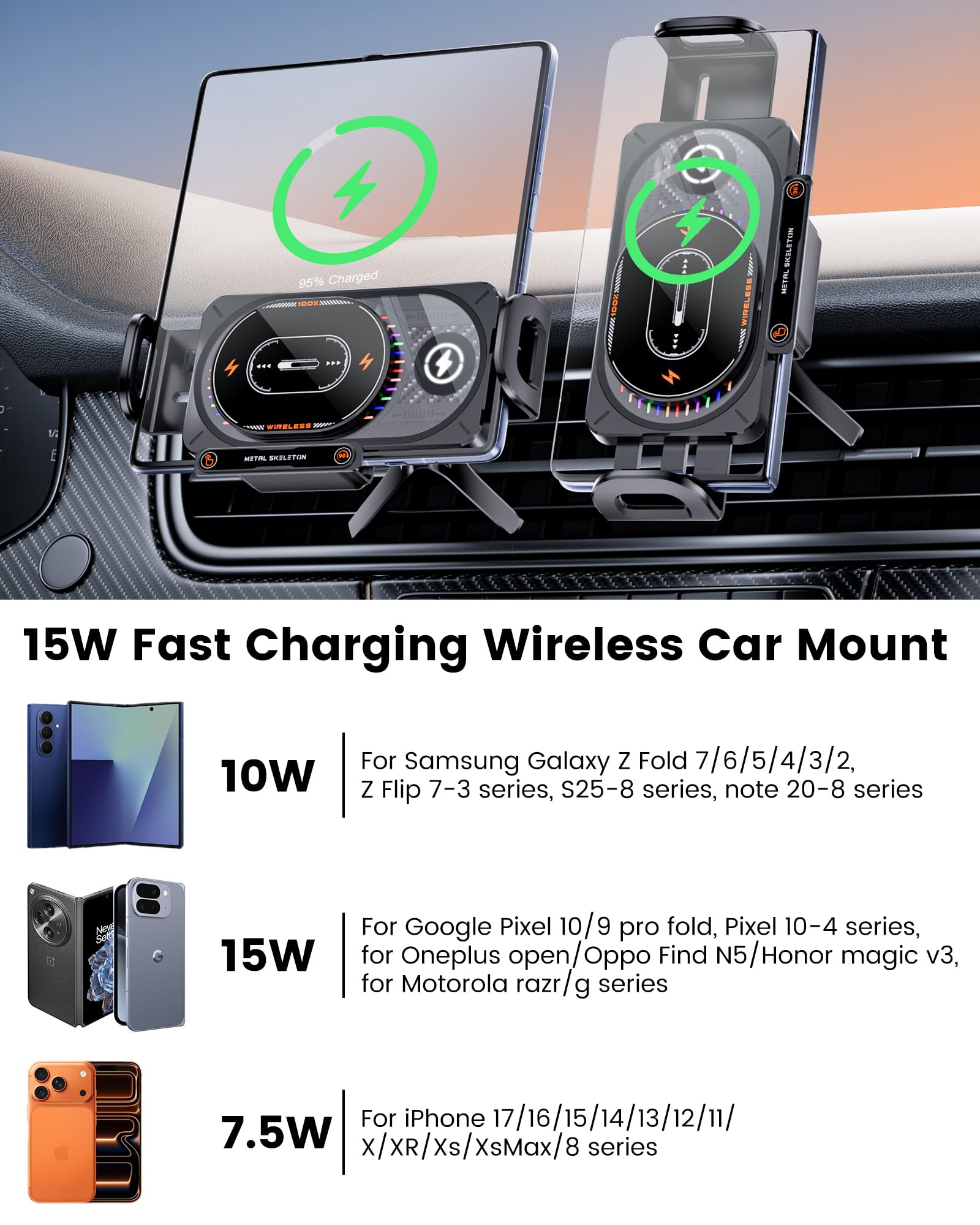 Supporto per caricabatterie da auto wireless a ricarica rapida da 15 W, Z Fold 7 con sensore automatico a luce LED, supporto per telefono per auto caricabatterie wireless per Samsung Galaxy Z