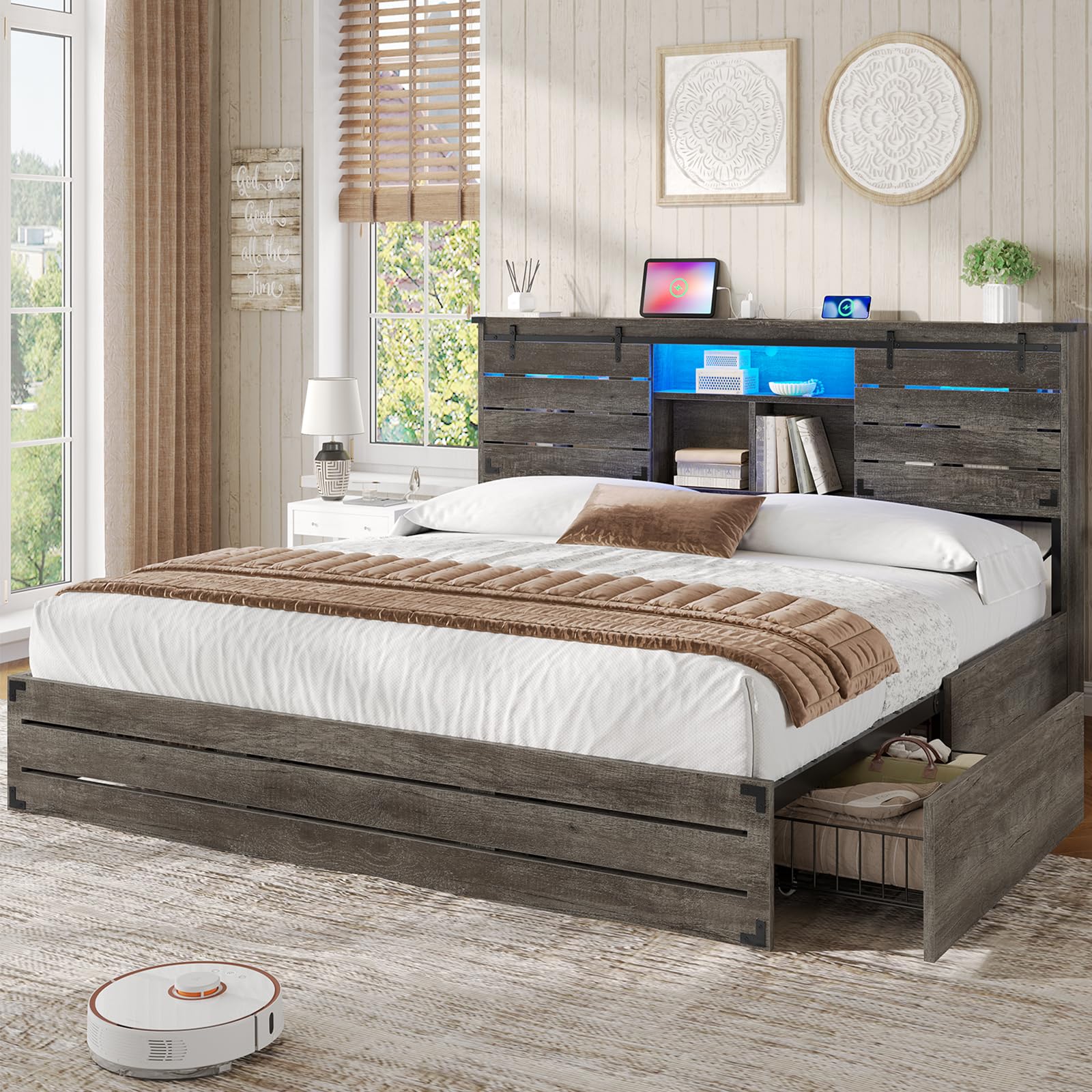 VIAGDO Wooden Bed Frame King Size with Bookcase Headboard and Sliding Barn Door Farmhouse King Bed Frame with