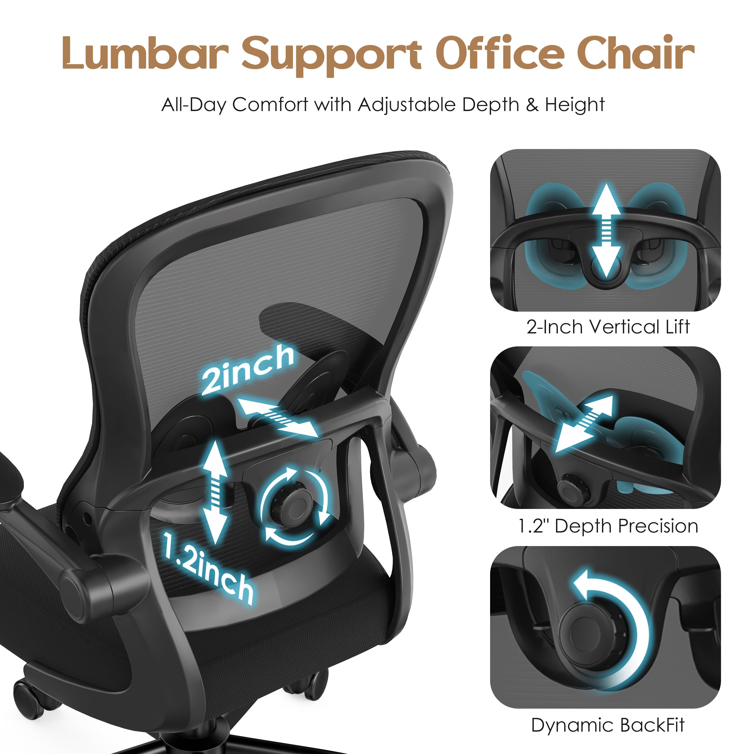 Farini Sedia da ufficio ergonomica in rete, braccioli pieghevoli, supporto lombare regolabile, girevole a 360°, ruote, per casa e scrivania, nera