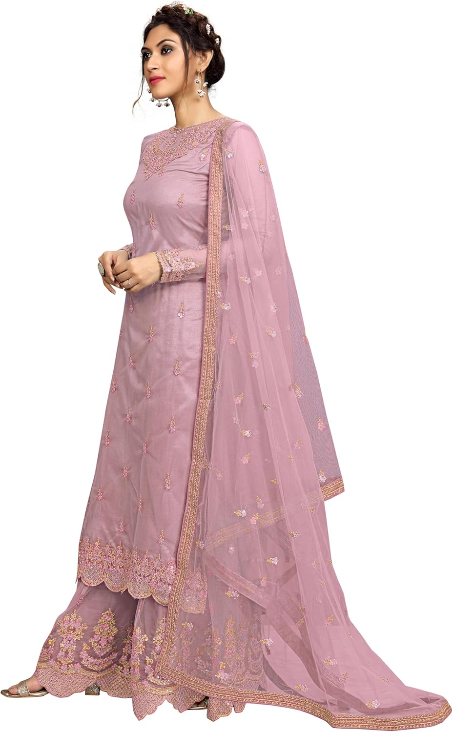 TRENDMALLS Women's Net Embroidery Sharara Suit Set Indian Pakistani Wedding Ethnic