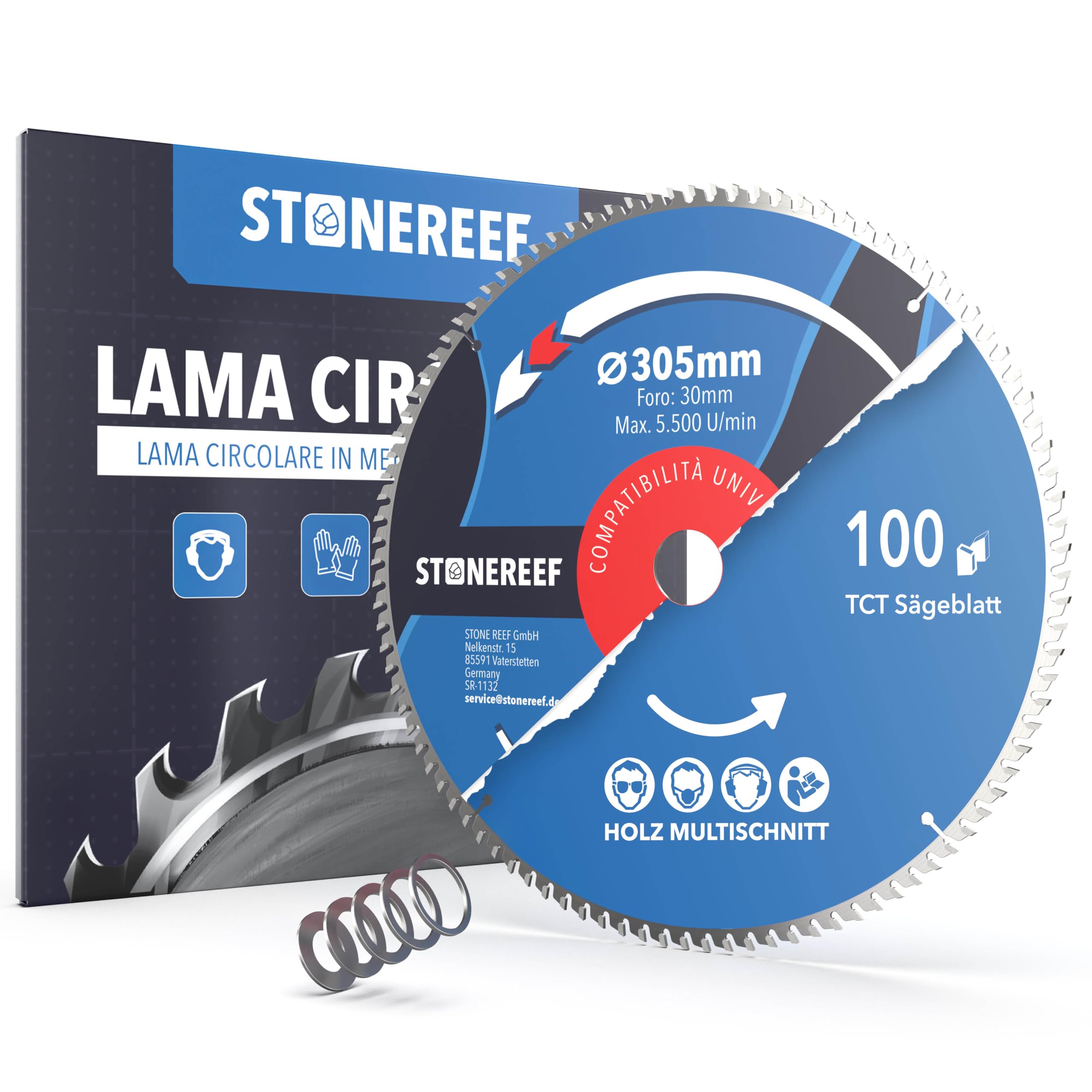 Lama per sega circolare 305 x 30 cm [con adattatore su foro 20 & 16 mm], compatibile con smerigliatrice angolare Bosch, Makita ecc. – Lama per sega circolare – per legno e alluminio