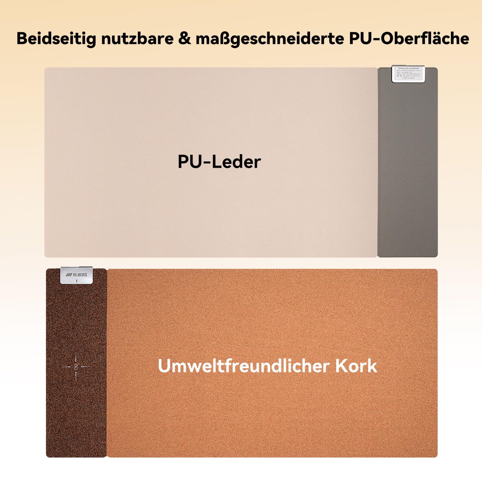 3-in-1 Kork-Unterlage mit Qi-Schnelladung, wasserfester & beidseitiger Oberfläche. Ideal für Büro, Homeoffice und als Schminktisch-Schutz. Kompatibel mit iPhone, Samsung, AirPods