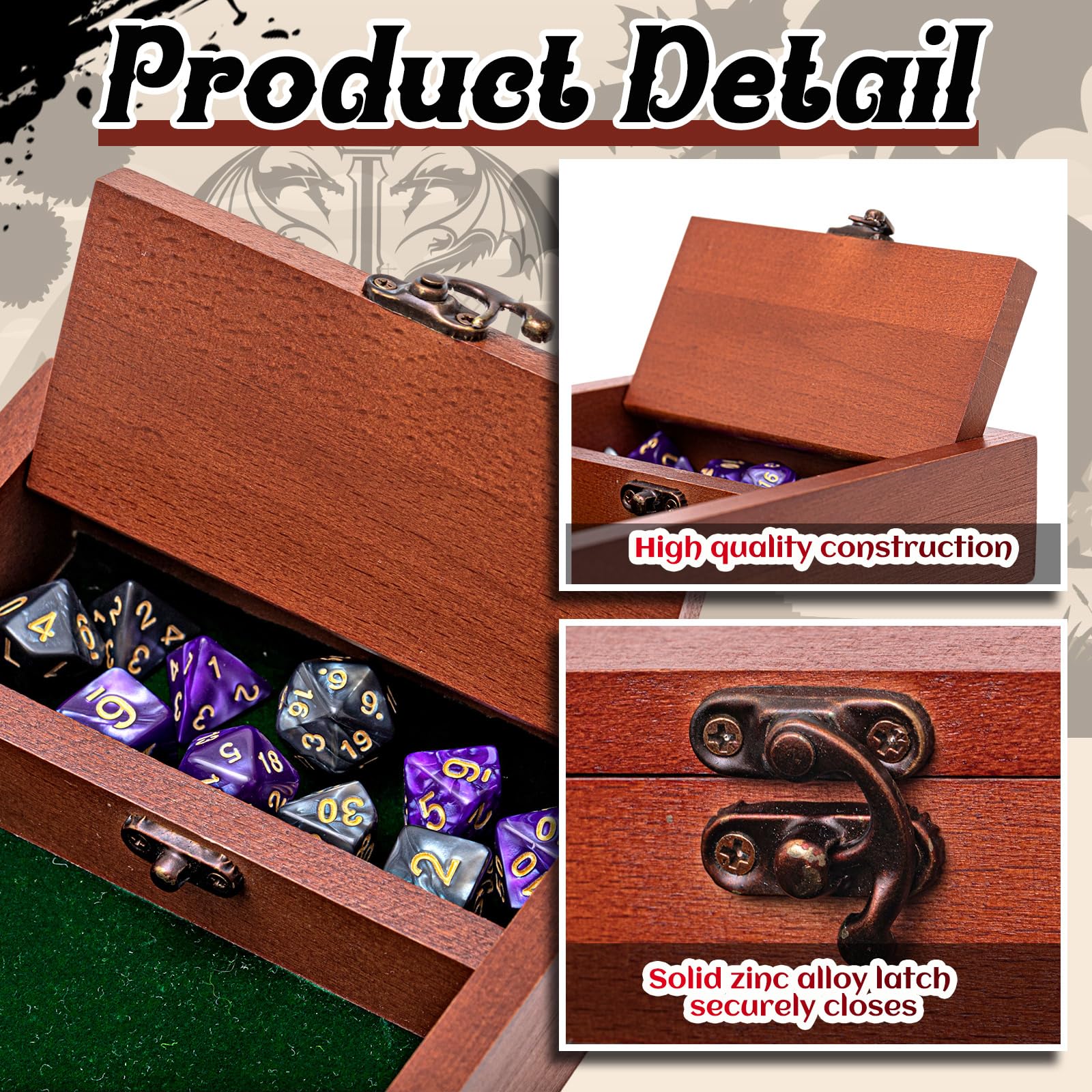 Threehoney Bandeja de dados de madera para rodar con almacenamiento de dados de 5.5 x 8 pulgadas, caja de dados de bóveda de metal que asegura la tapa, bandeja de dados para juegos de mesa de viaje,