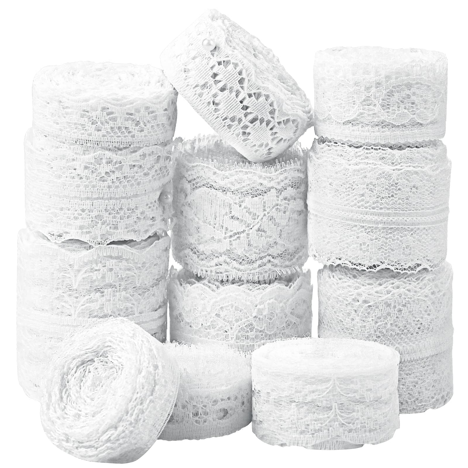 BILLIOTEAM 60 Yards, 12 Rolls of White Lace Ribbon with Assorted Crochet & Sewing Patterns - Vintage Floral Designs, Ideal for DIY, Gift Wrapping, Scrapbooking & Decor for Bridal Showers & Weddings