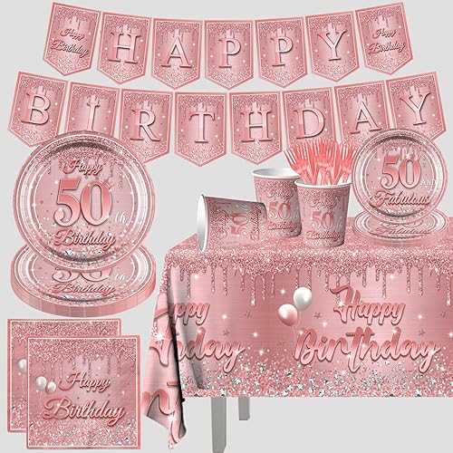 Suministros de oro rosa para cumpleaños de 40 años, 142 piezas de vajilla de oro rosa con purpurina que incluye platos de cumpleaños 40 y