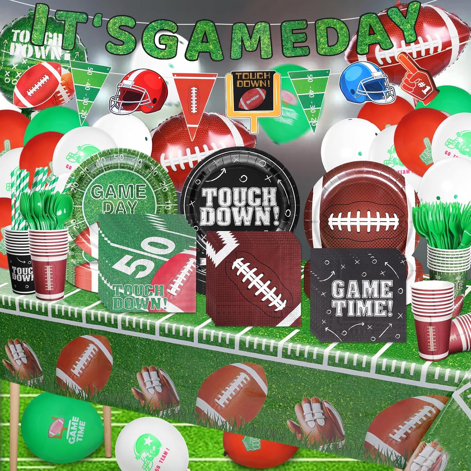 164PCS Football Party Supplies Birthday Decorations Football Banners Paper Plate Cup Napkins Fork Spoon Tablecloths for Football Match 24 Guests - Image 4