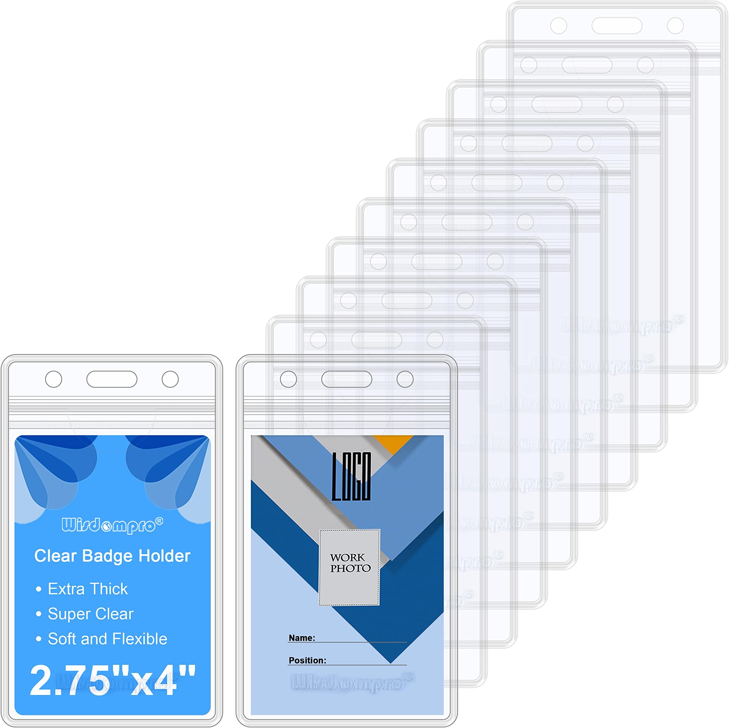 Wisdompro 10 Pack Vertical ID Card Badge Holder, Double-Sided 2 Card Slot Waterproof Clear PVC Key Card Sleeve Case Plastic Wallets with Resealable Zip for Lanyard Office School Cruise