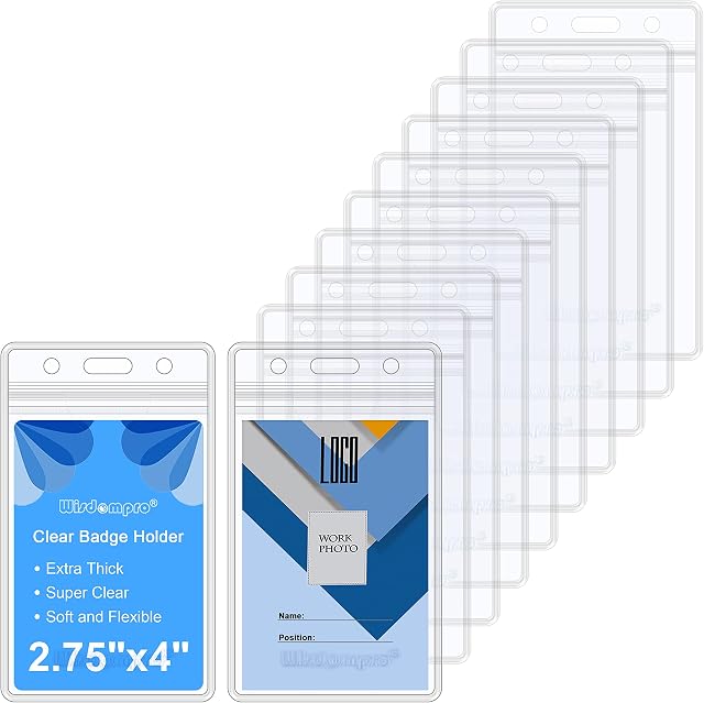 Wisdompro 10 Pack Vertical ID Card Badge Holder, Double-Sided 2 Card Slot Waterproof Clear PVC Key Card Sleeve Case Plastic Wallets with Resealable Zip for Lanyard Office School Cruise