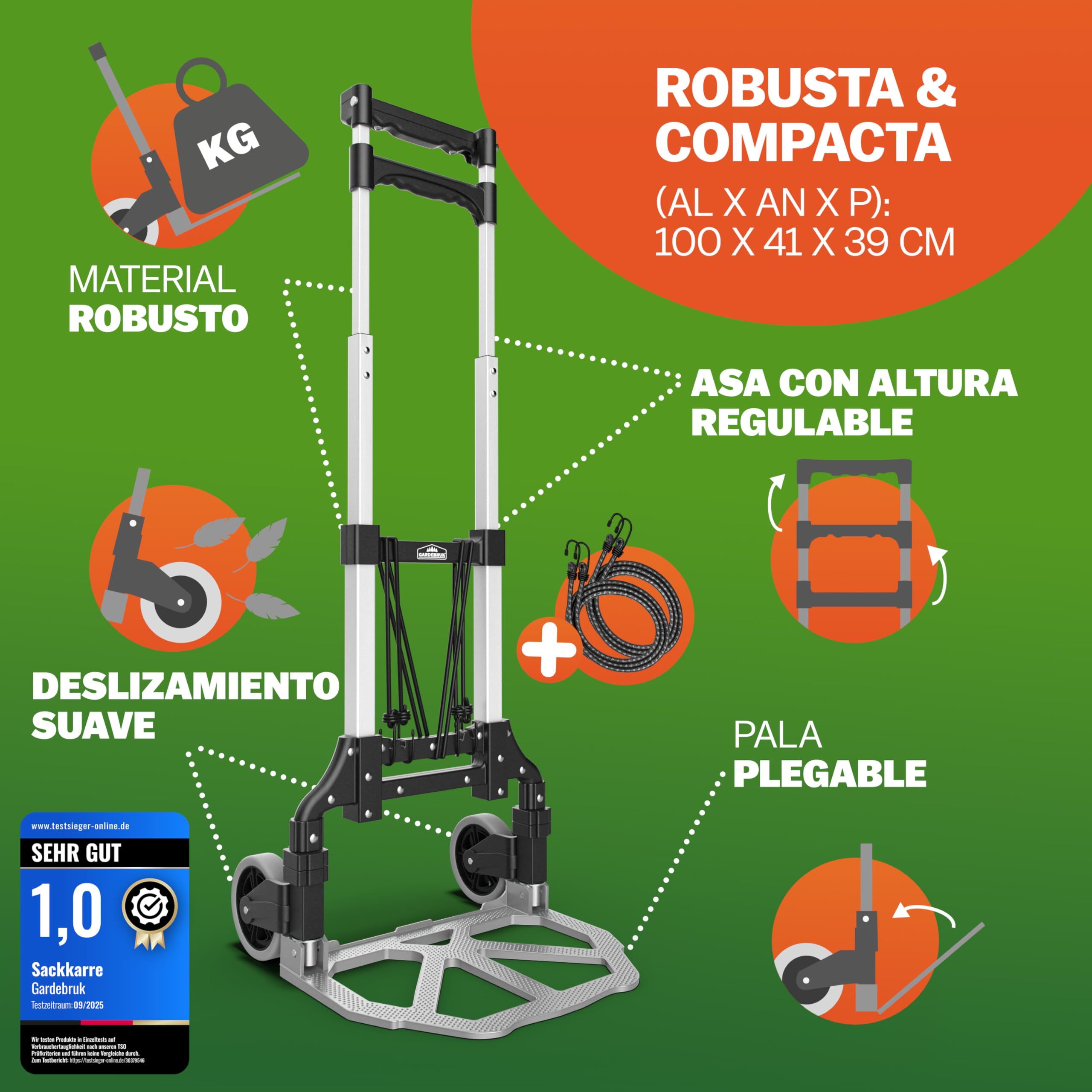 GARDEBRUK® Carretilla Plegable Aluminio 80Kg Carro Transporte Mudanzas Altura Regulable Ruedas Goma Maciza Resistente Incl. Guantes y Cuerdas Elásticas