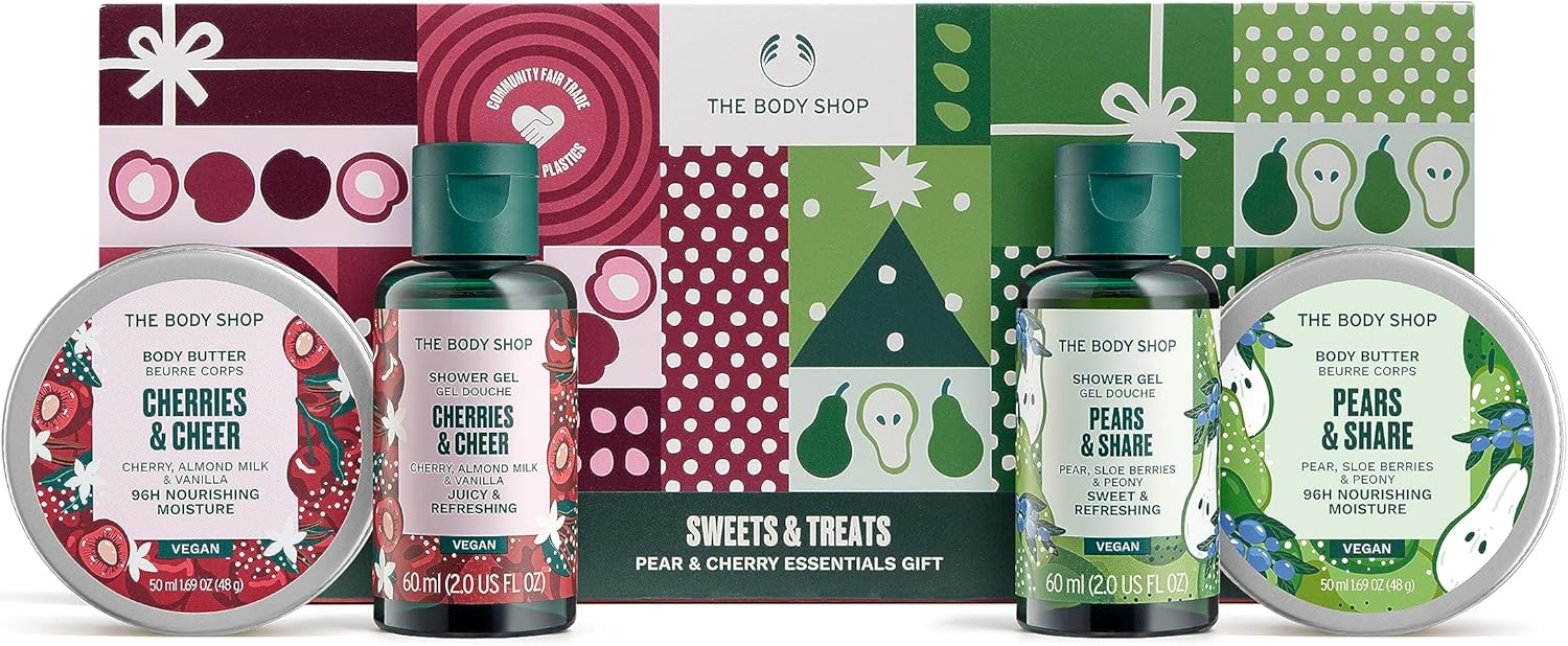The Body Shop Sweets & Treats Body Care Holiday Gift Set Pear & Cherry Essential Body Care Holiday Gift Set, Vegan, 4-Piece Set