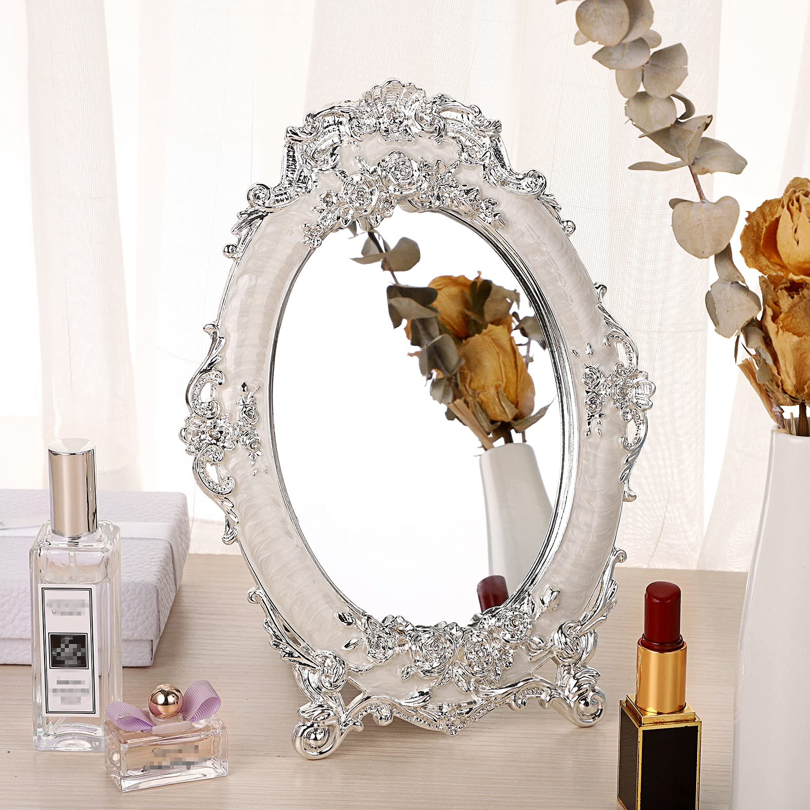 Espejo de tocador pequeño de mesa, espejo de escritorio de metal vintage con soporte, rosas antiguas en relieve, espejo de maquillaje, espejo retro ovalado decorativo para centros de mesa 6