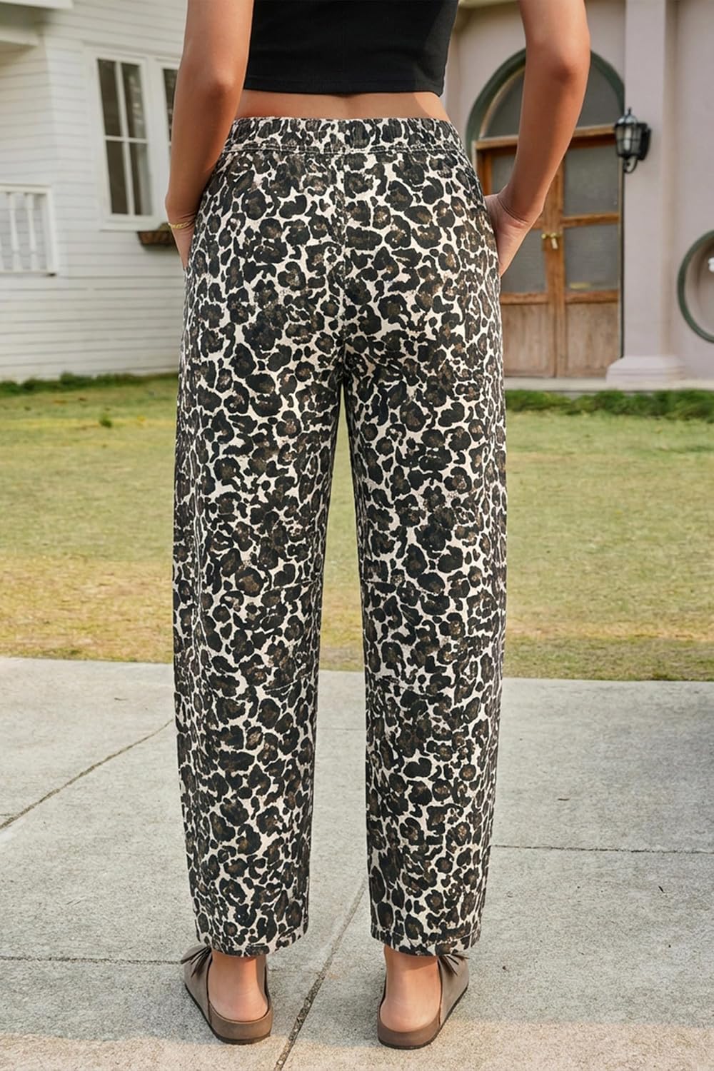 Cicy Bell Womens Leopard Barrel Jeans High Waisted Drawstring Cropped Wide Leg Cheetah Print Denim Pants with Pockets