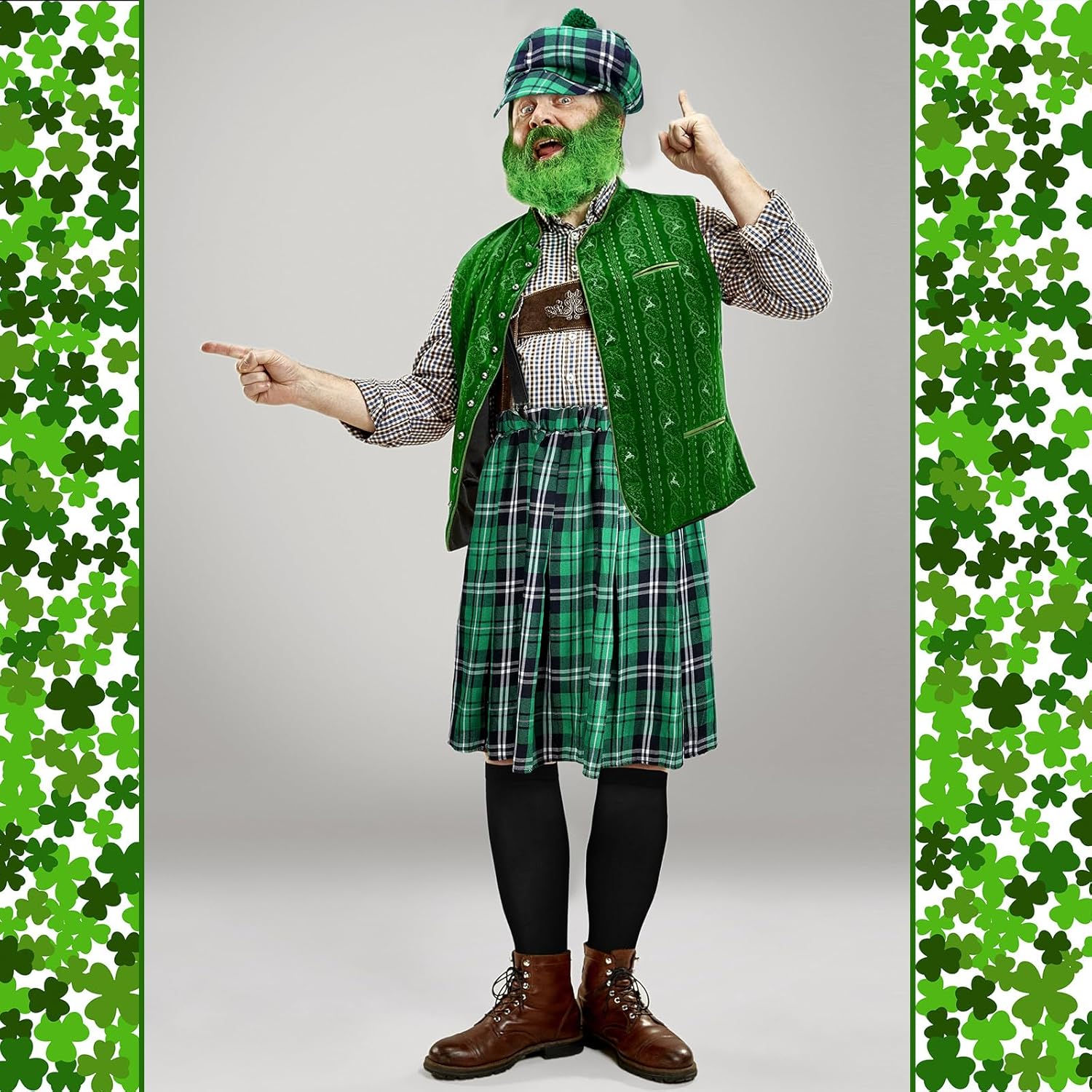 Pasimy St Patrick's Day Costumes Kit Include Adult Irish Plaid Green Kilt Suspenders with Cups Hat Sock for Men Women