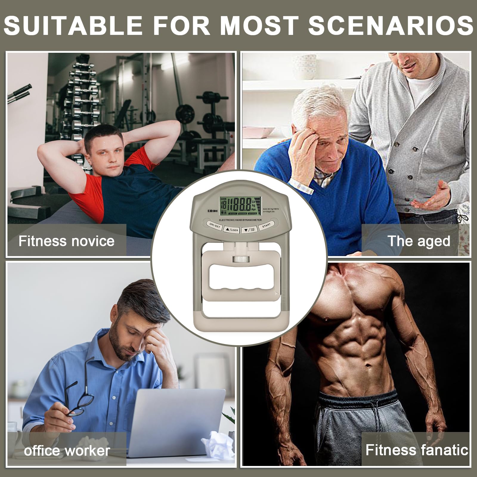 Appareil de musculation numérique à main - 90 kg - Avec câble de charge USB - Entraîneur de force de préhension électronique - Grand écran LED - Gris et blanc