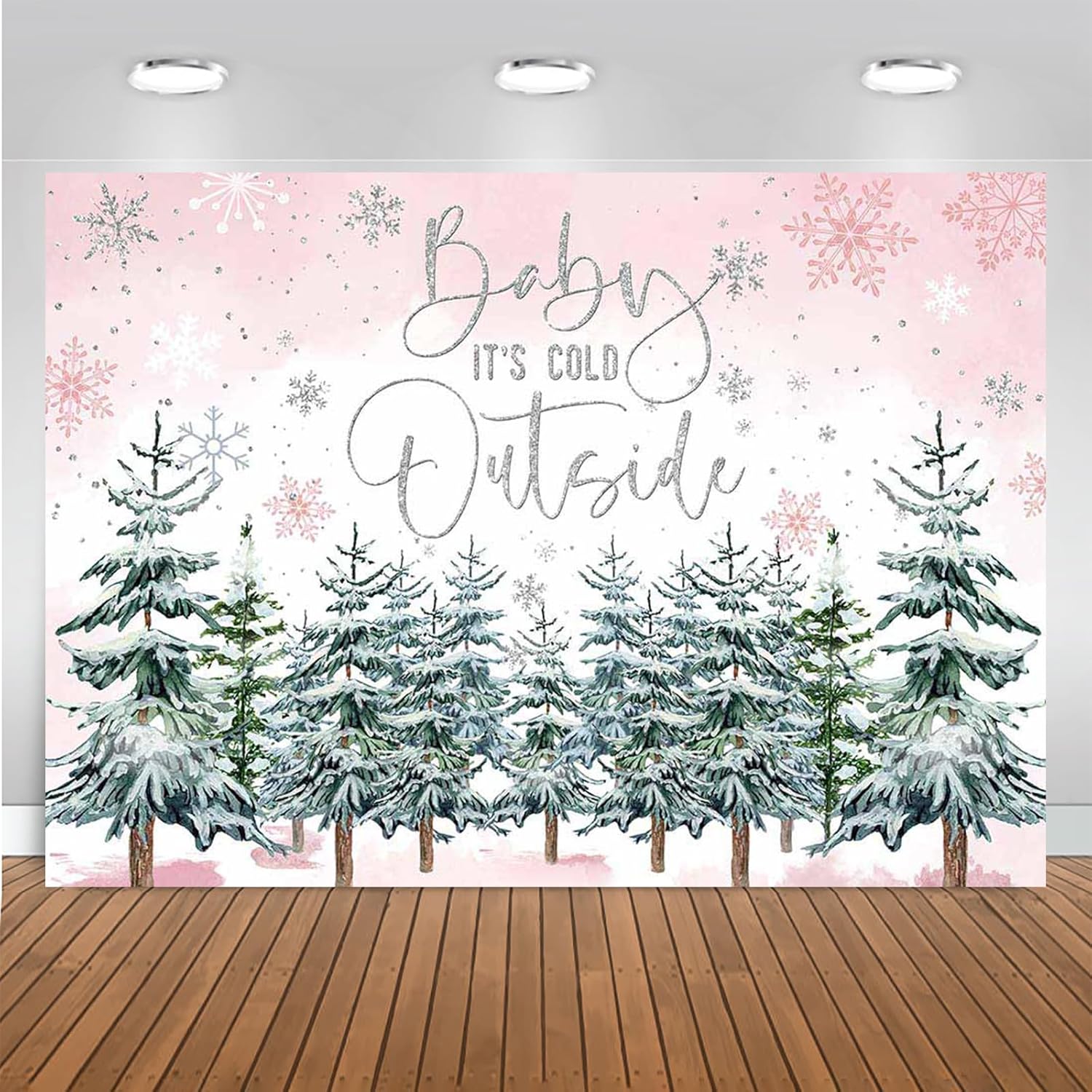 Mocsicka Winter Baby Shower Backdrop - Baby It's Cold Outside Party Decorations - Forest Watercolor Pine Tree Background - Snowflake Winter Wonderland Party Banner (Blue, 10x8ft)