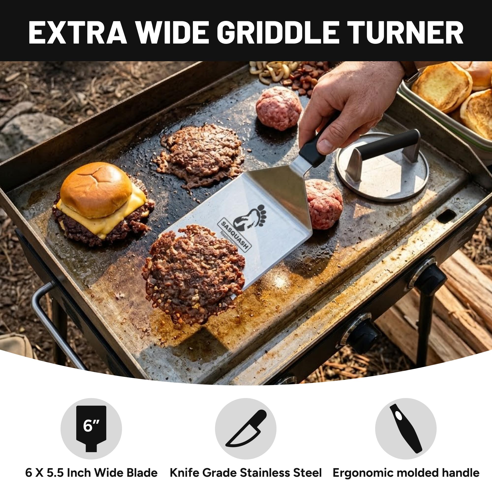 Sasquash Spatola, Spatola in acciaio inox, spatola per hamburger Mammoth Smash per uso in cucina, tornitrice per hamburger extra larga, utensile da griglia con parte superiore piatta, accessori da