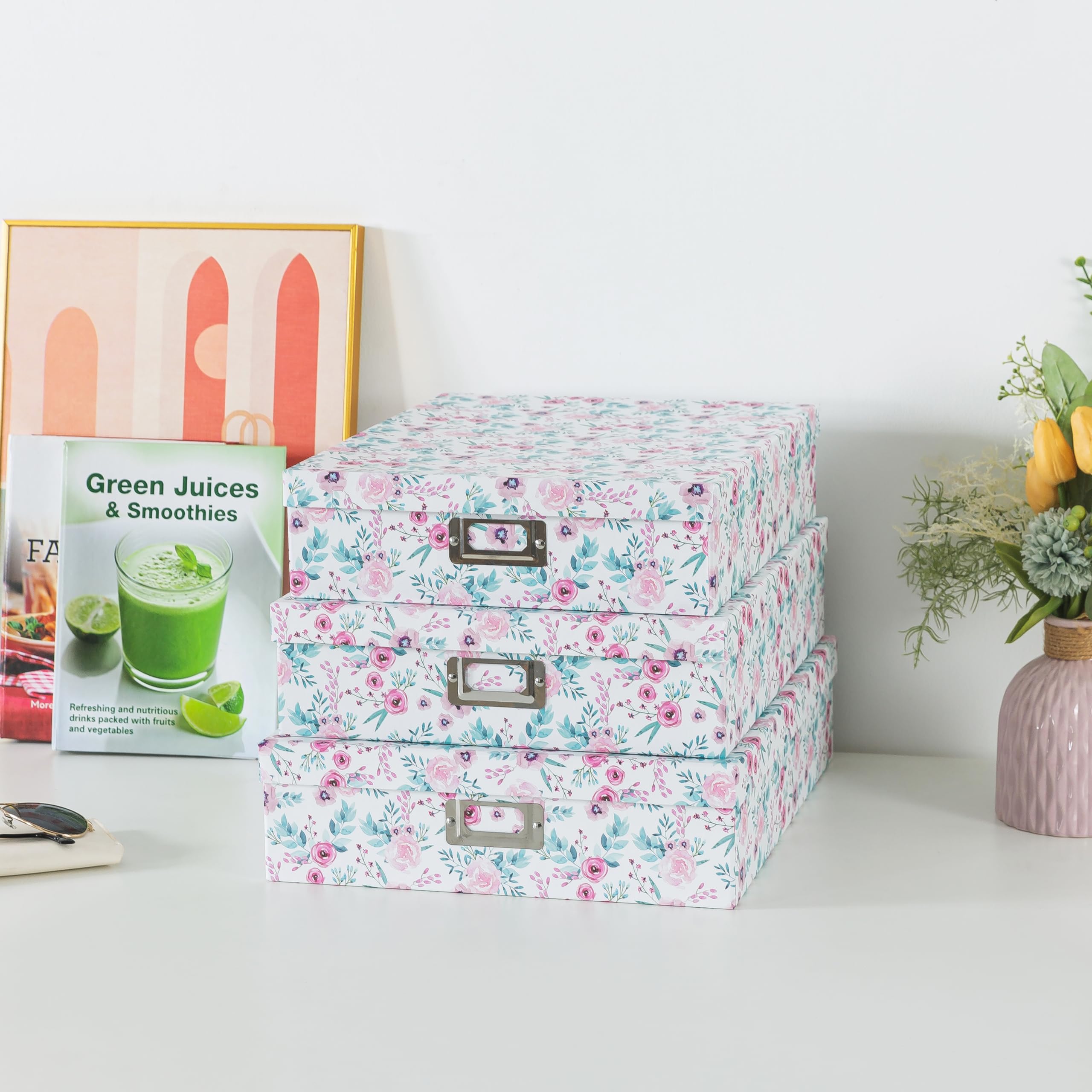 SLPR Dekorative Aufbewahrungsboxen aus Karton mit Blumen-Design (3er-Set, in voller Blüte) | Verschachtelbare Geschenkboxen mit Deckel für Andenken, Spielzeug, Fotos, Erinnerungen, Schrank,