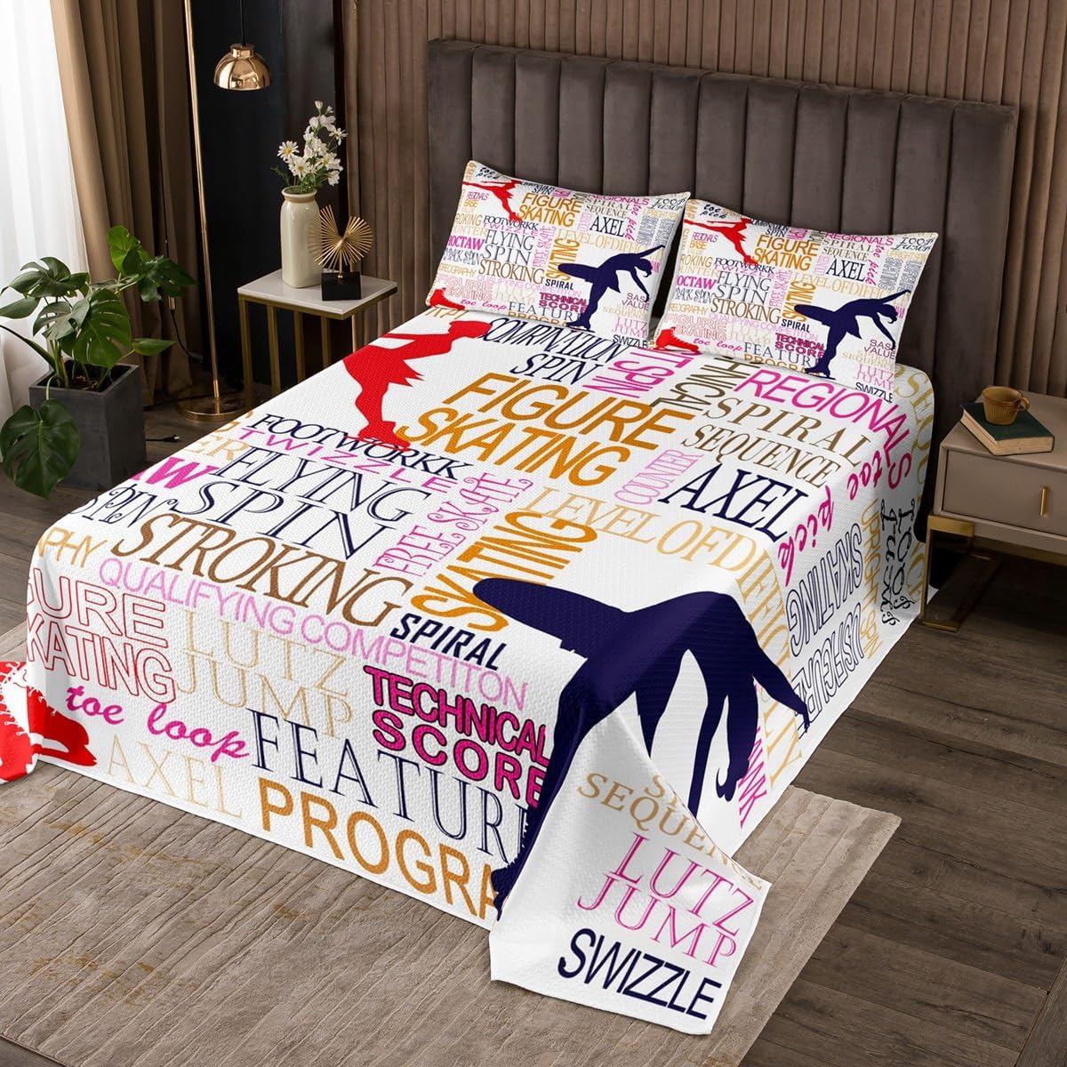 Ice Skating Bedspread Twin Size Girls Pink Grid Bedding Set 2pcs for Kids Teens Women Room Decor Winter Skater Pattern Comforter Set Speed Sports Gaming Quilt Set,1 Pillowcase