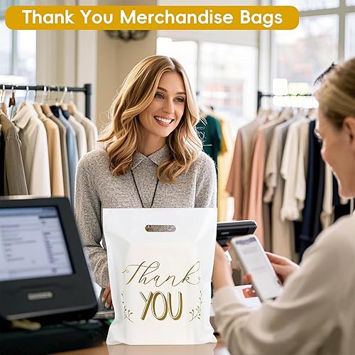 Miniatura 4 de POPGIFTU Bolsas de agradecimiento de 12 x 15 pulgadas, bolsa de compras de plástico blanco con asas troqueladas, paquete de 100 bolsas de mercancía
