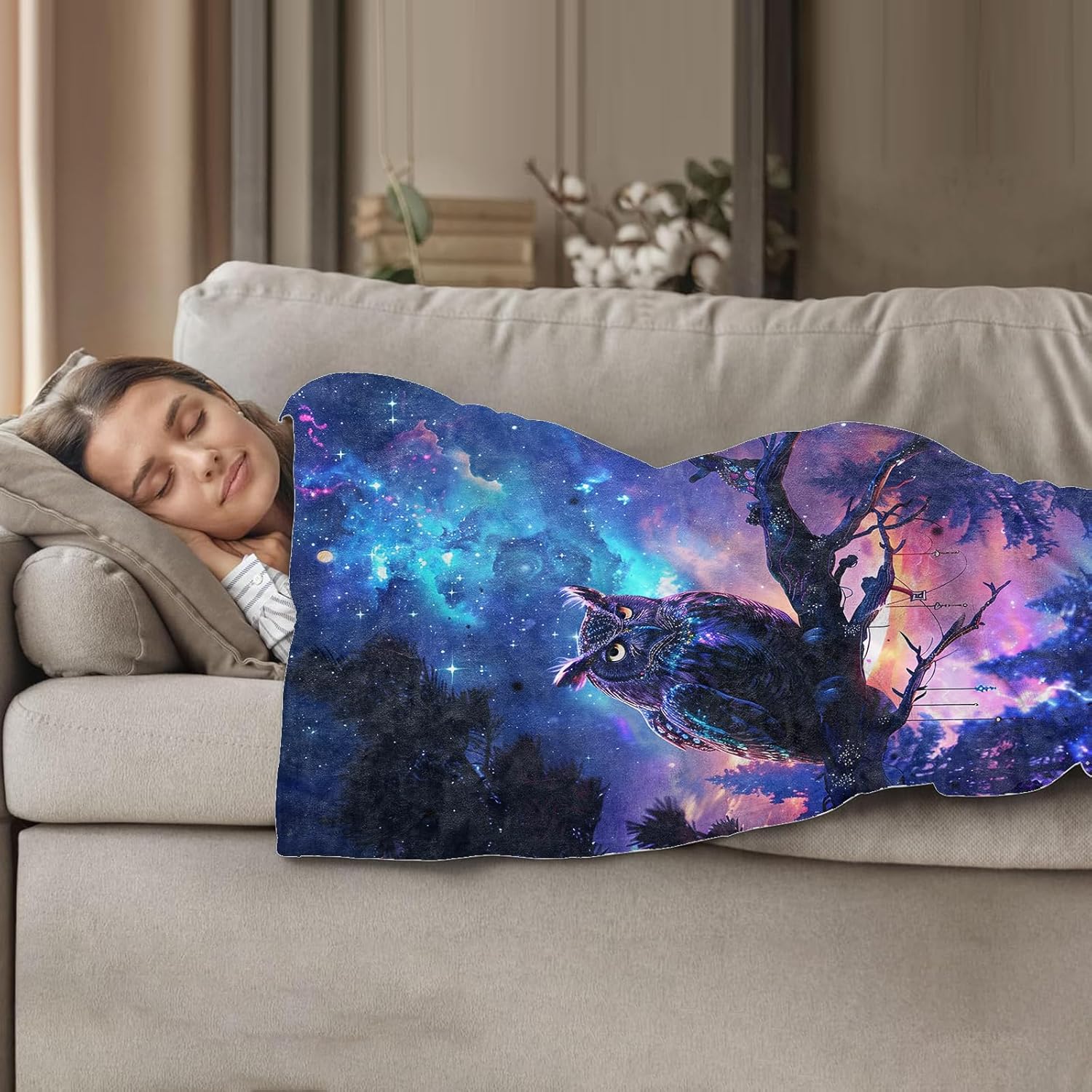 Galaxy Owl Throw Blanket for Women Girls Boys, Soft Flannel Blankets Gifts for Living Room Couch, Home, Sofa Decor, 80"x60"